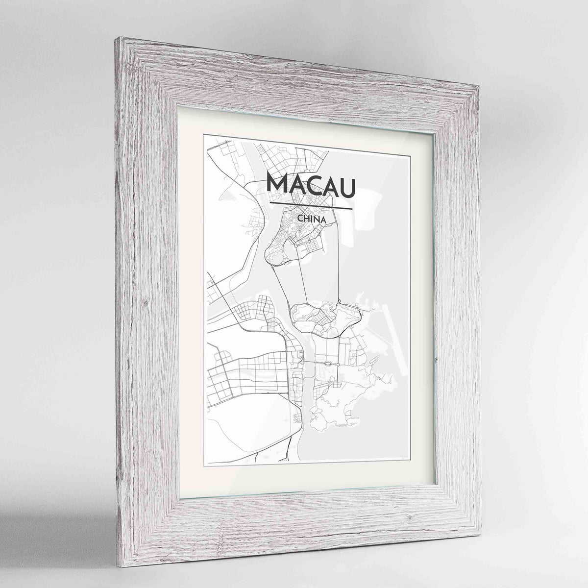 Framed Macau Map Art Print 24x36&quot; Western White frame Point Two Design Group
