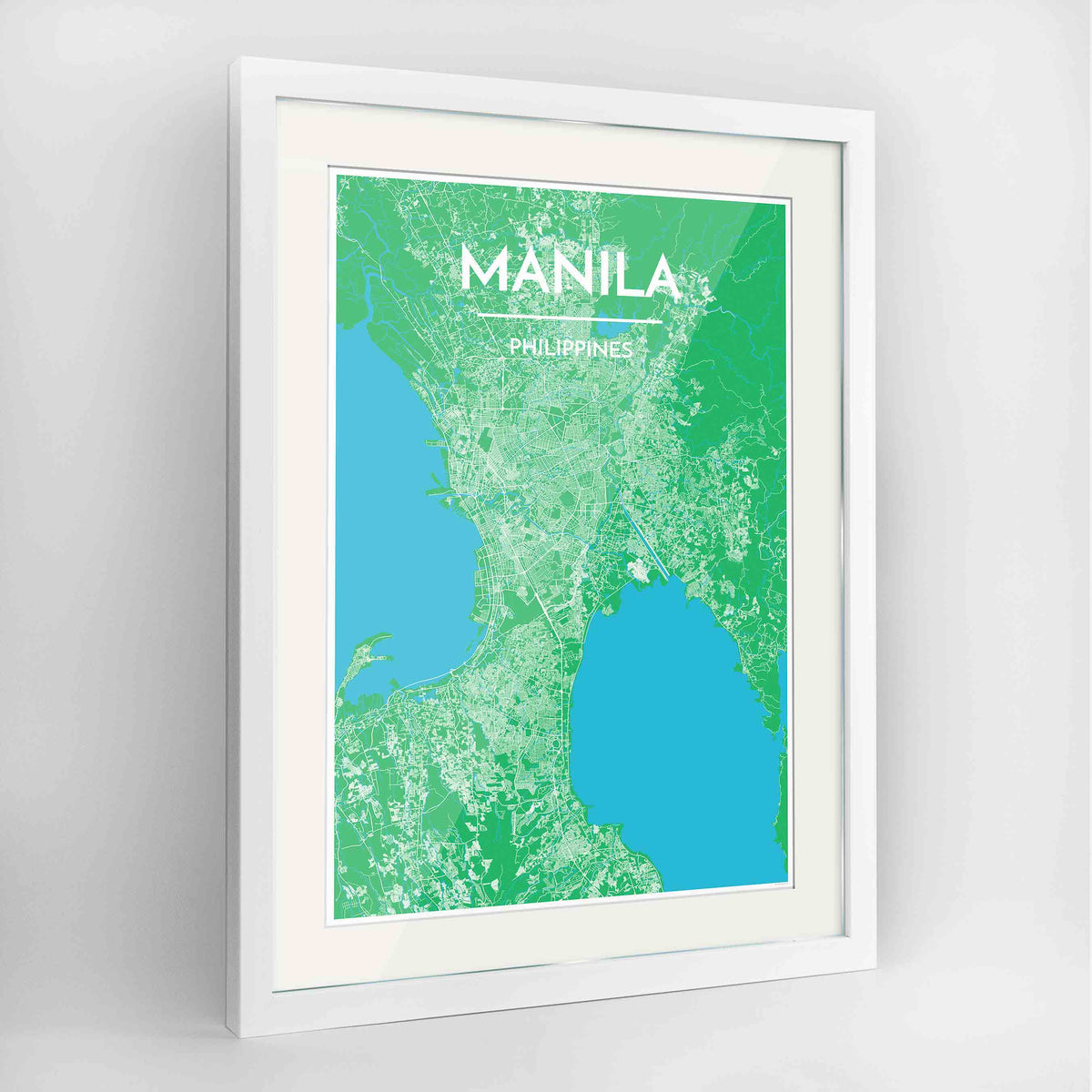 Framed Manila Map Art Print 24x36&quot; Contemporary White frame Point Two Design Group
