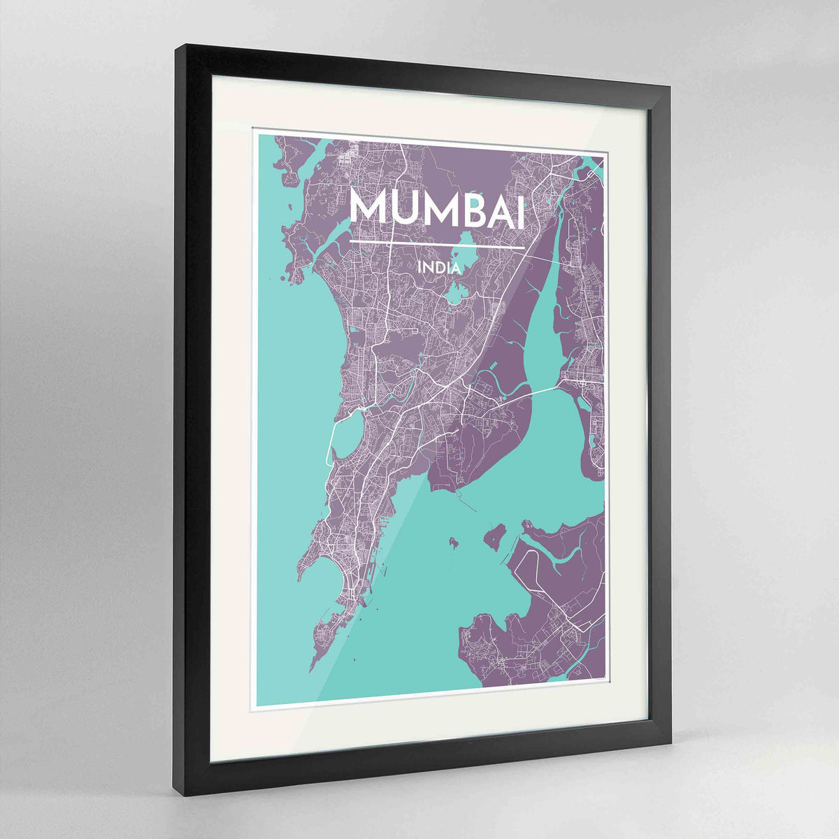 Framed Mumbai Map Art Print 24x36&quot; Contemporary Black frame Point Two Design Group