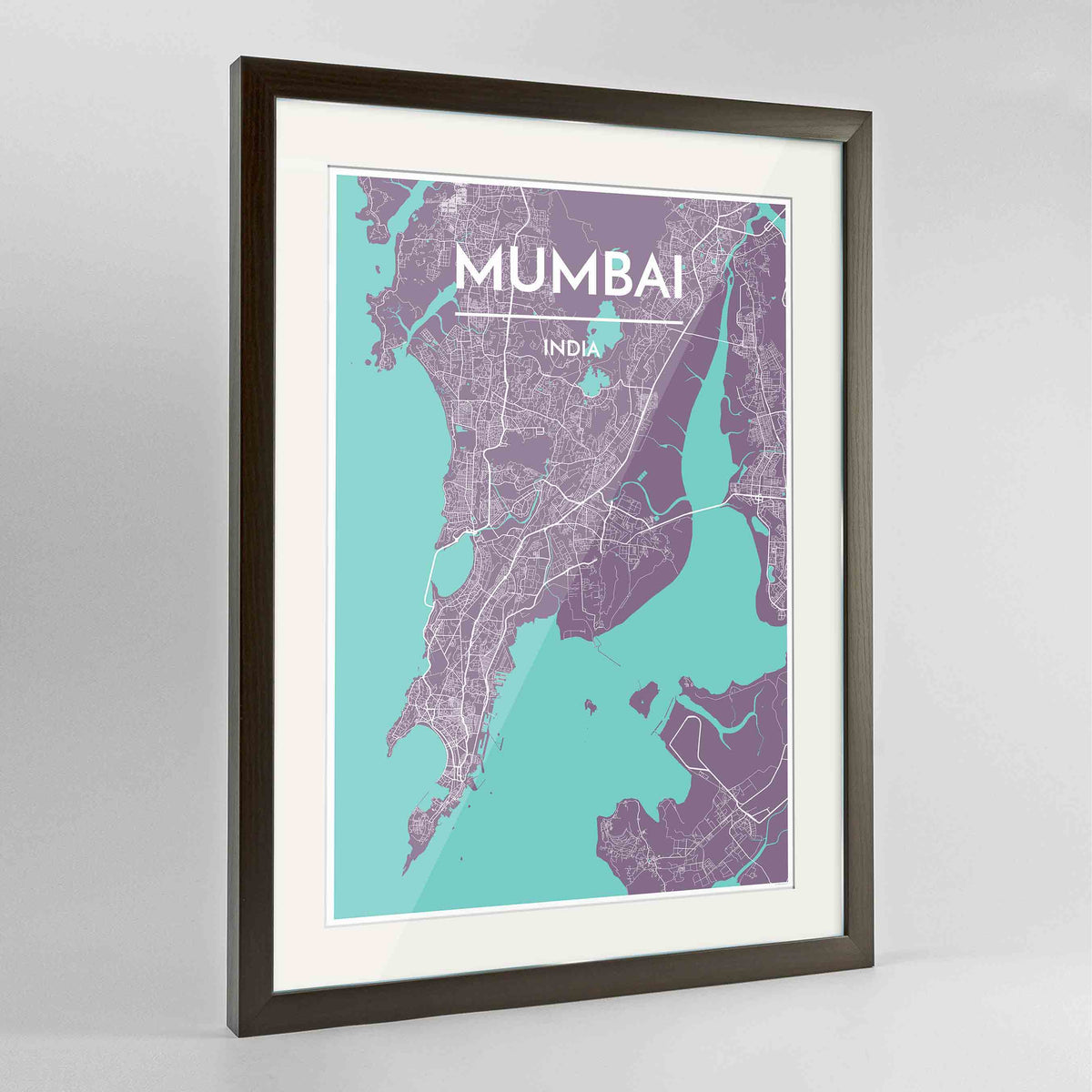 Framed Mumbai Map Art Print 24x36&quot; Contemporary Walnut frame Point Two Design Group