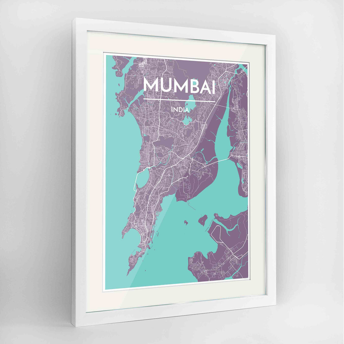Framed Mumbai Map Art Print 24x36&quot; Contemporary White frame Point Two Design Group