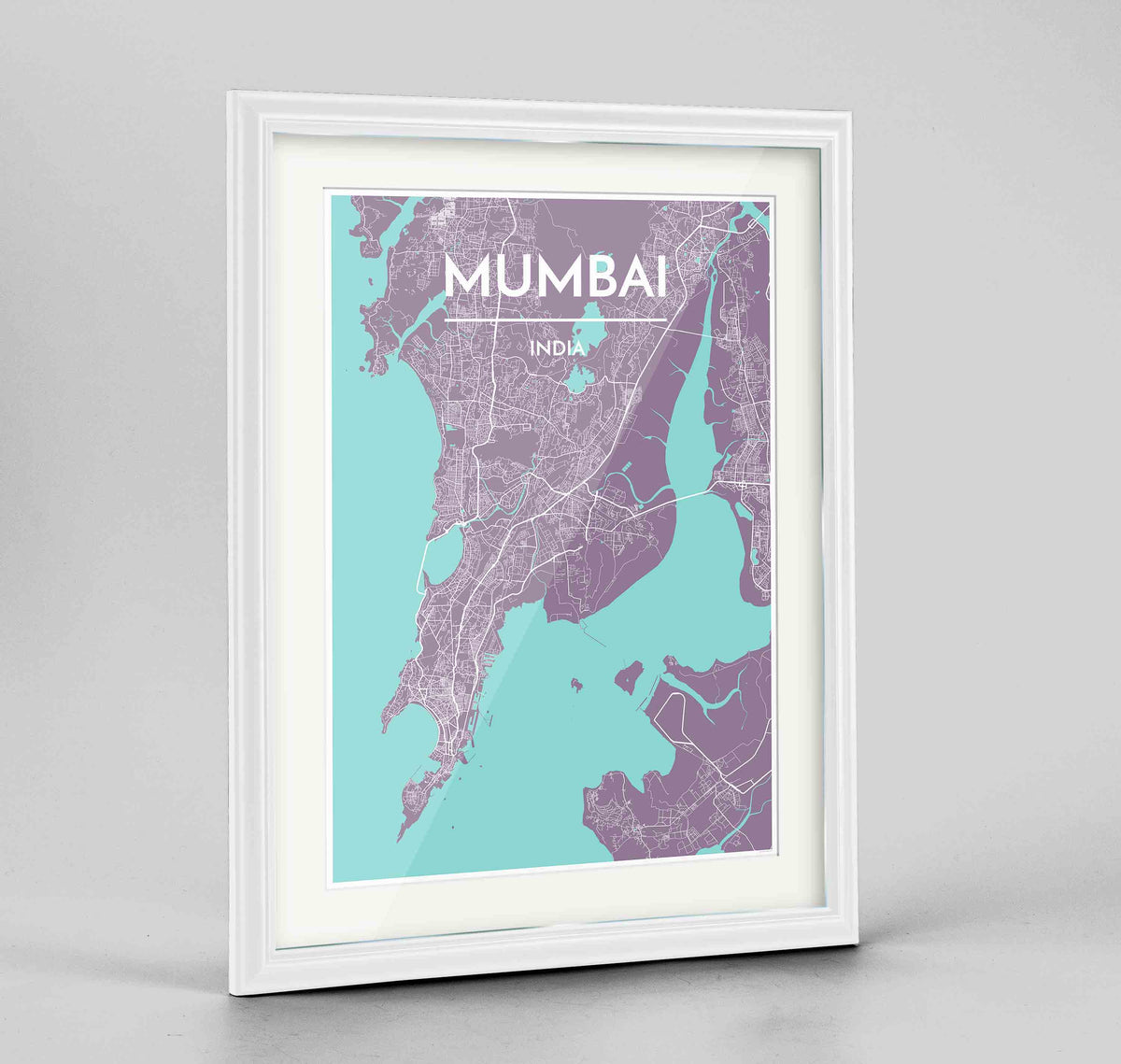 Framed Mumbai Map Art Print 24x36&quot; Traditional White frame Point Two Design Group