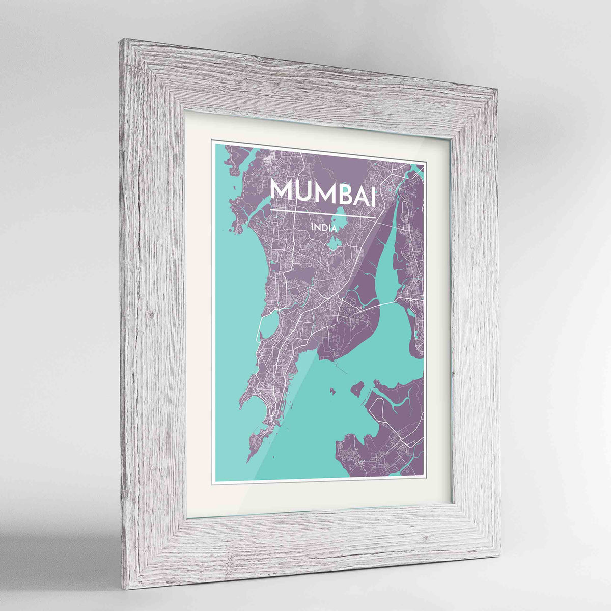 Framed Mumbai Map Art Print 24x36&quot; Western White frame Point Two Design Group