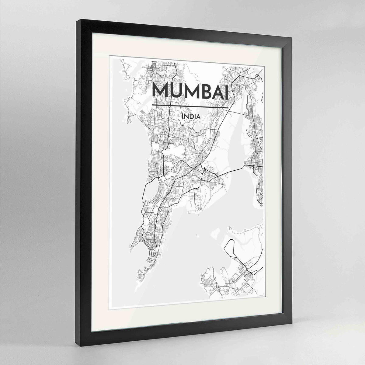 Framed Mumbai Map Art Print 24x36&quot; Contemporary Black frame Point Two Design Group