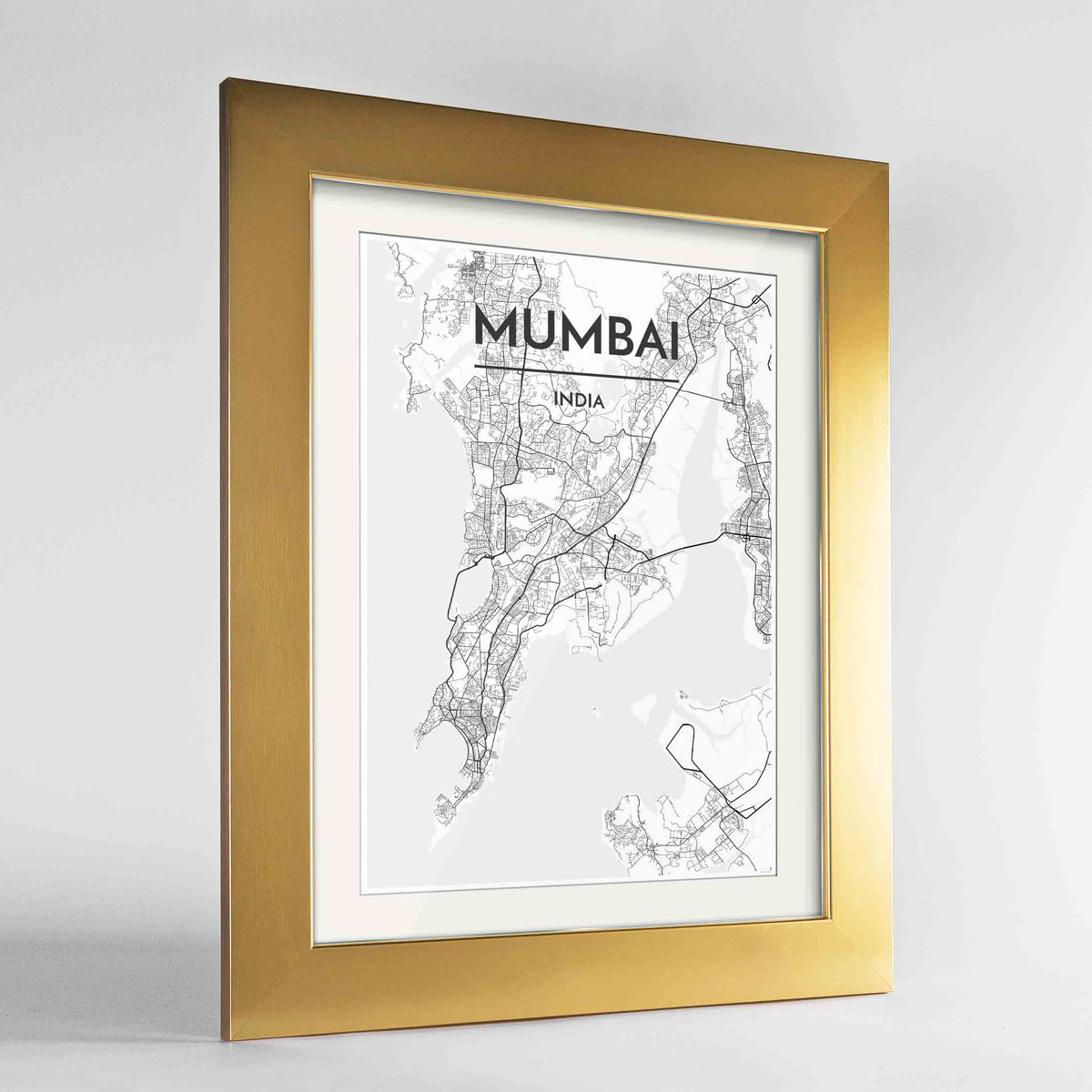 Framed Mumbai Map Art Print 24x36&quot; Gold frame Point Two Design Group