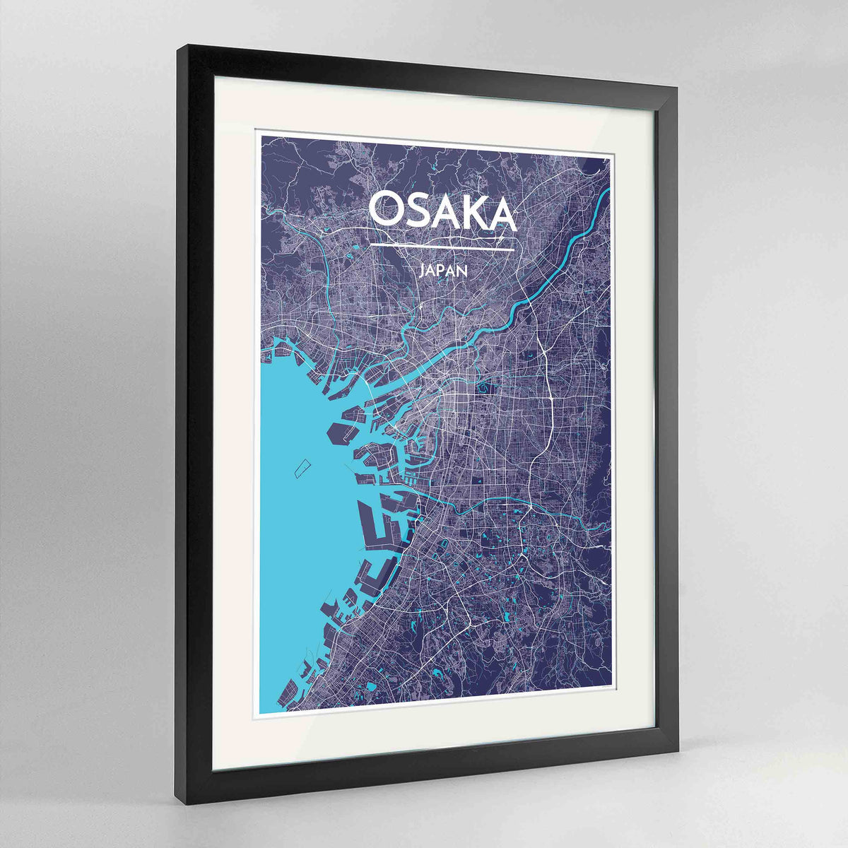 Framed Osaka Map Art Print 24x36&quot; Contemporary Black frame Point Two Design Group