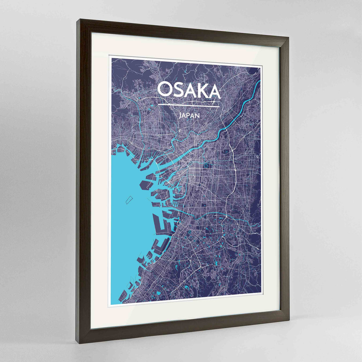 Framed Osaka Map Art Print 24x36&quot; Contemporary Walnut frame Point Two Design Group