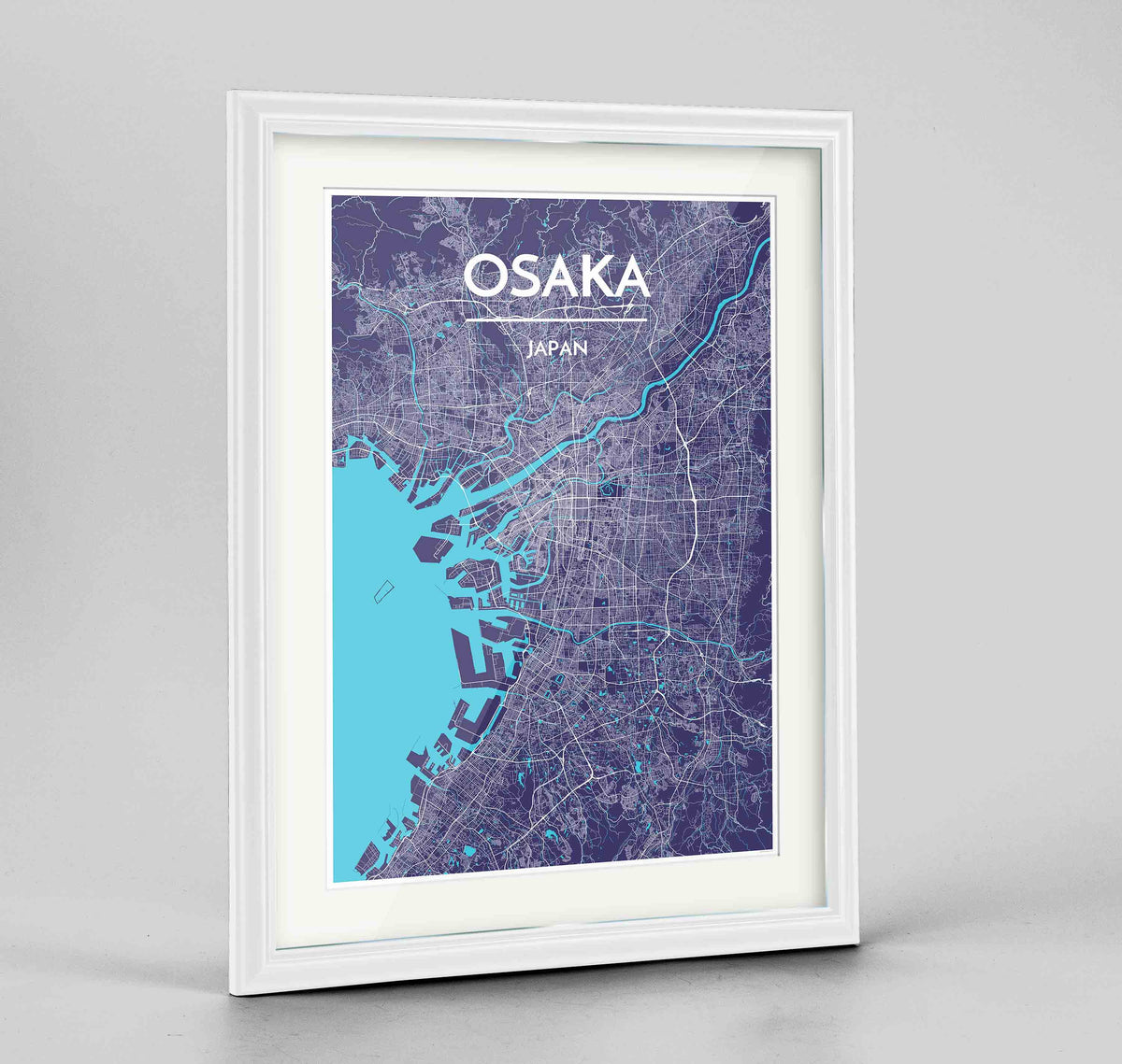 Framed Osaka Map Art Print 24x36&quot; Traditional White frame Point Two Design Group