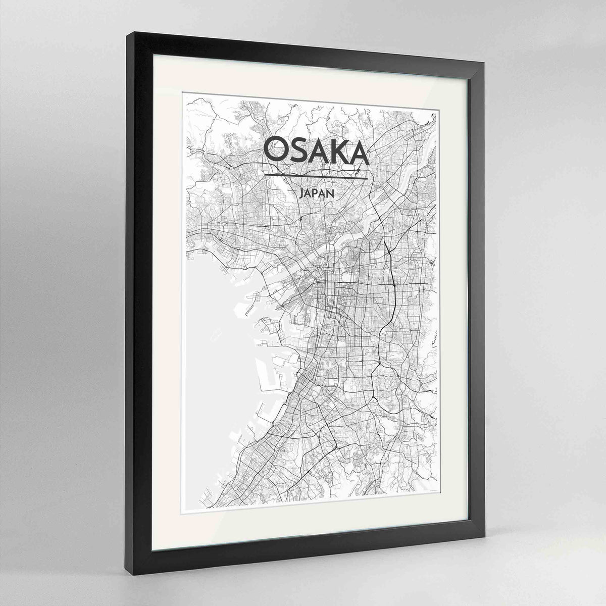 Framed Osaka Map Art Print 24x36&quot; Contemporary Black frame Point Two Design Group
