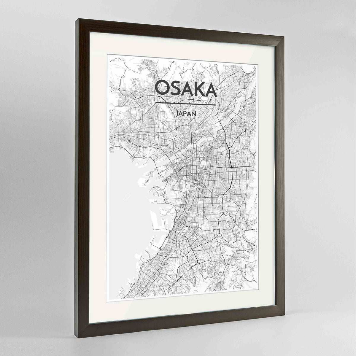 Framed Osaka Map Art Print 24x36&quot; Contemporary Walnut frame Point Two Design Group
