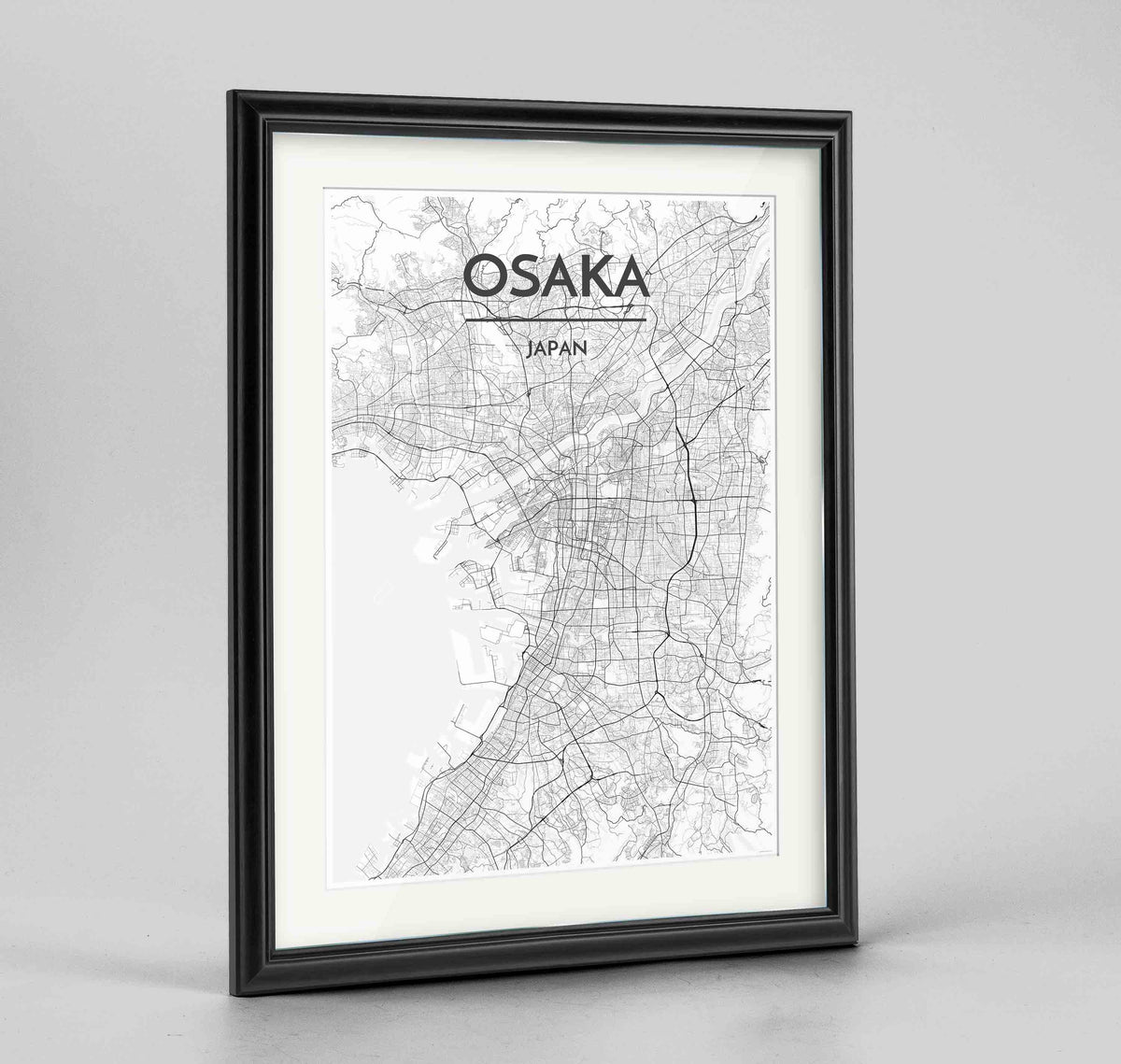 Framed Osaka Map Art Print 24x36&quot; Traditional Black frame Point Two Design Group