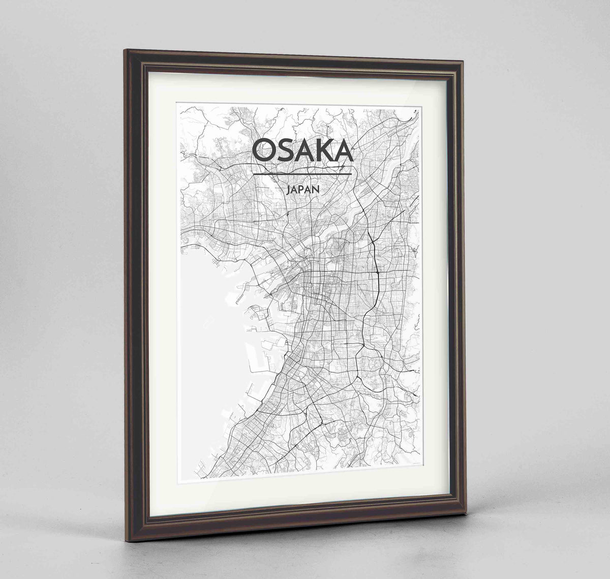 Framed Osaka Map Art Print 24x36&quot; Traditional Walnut frame Point Two Design Group