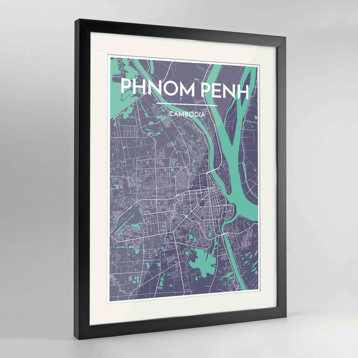 Framed Phnom Penh Map Art Print 24x36&quot; Contemporary Black frame Point Two Design Group
