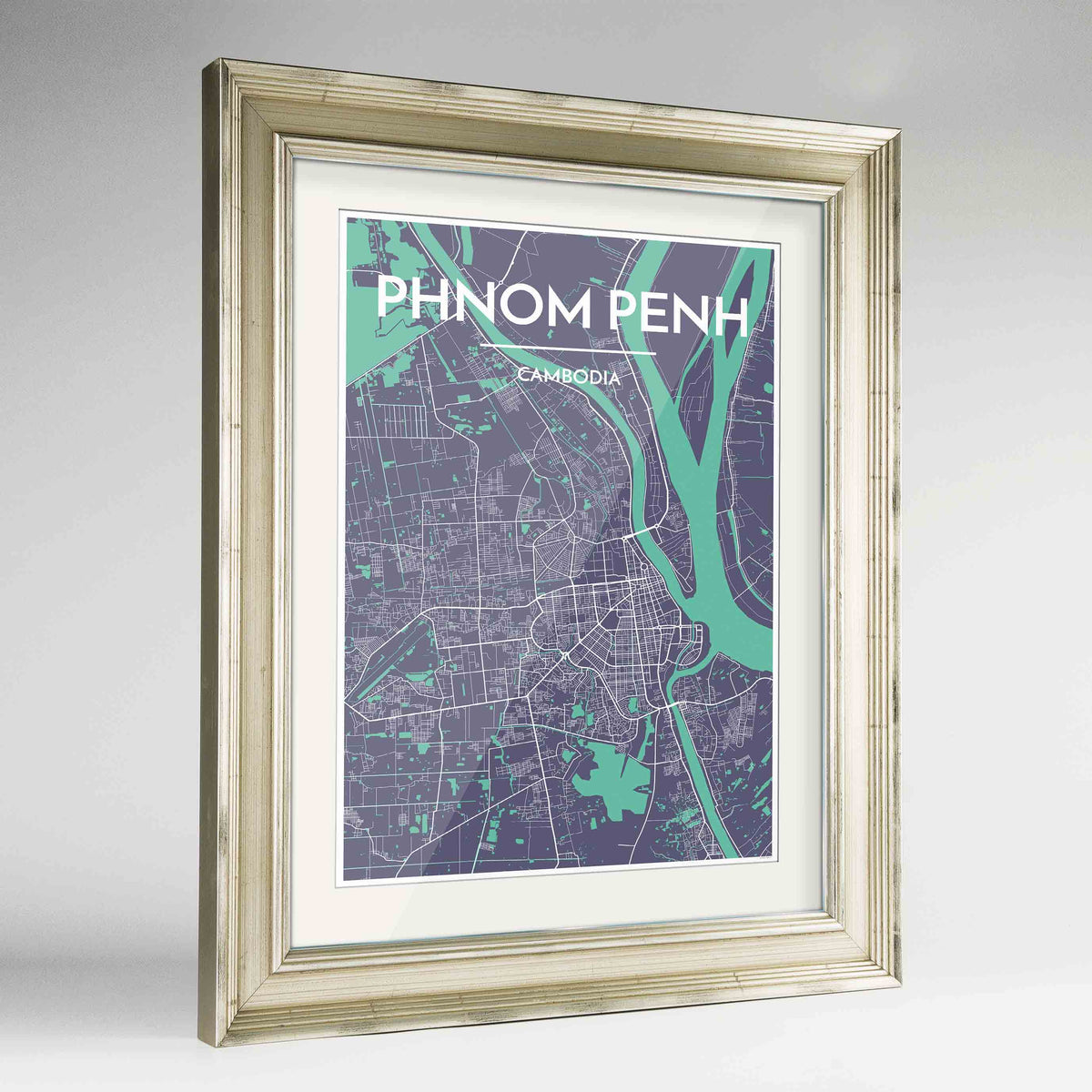 Framed Phnom Penh Map Art Print 24x36&quot; Champagne frame Point Two Design Group