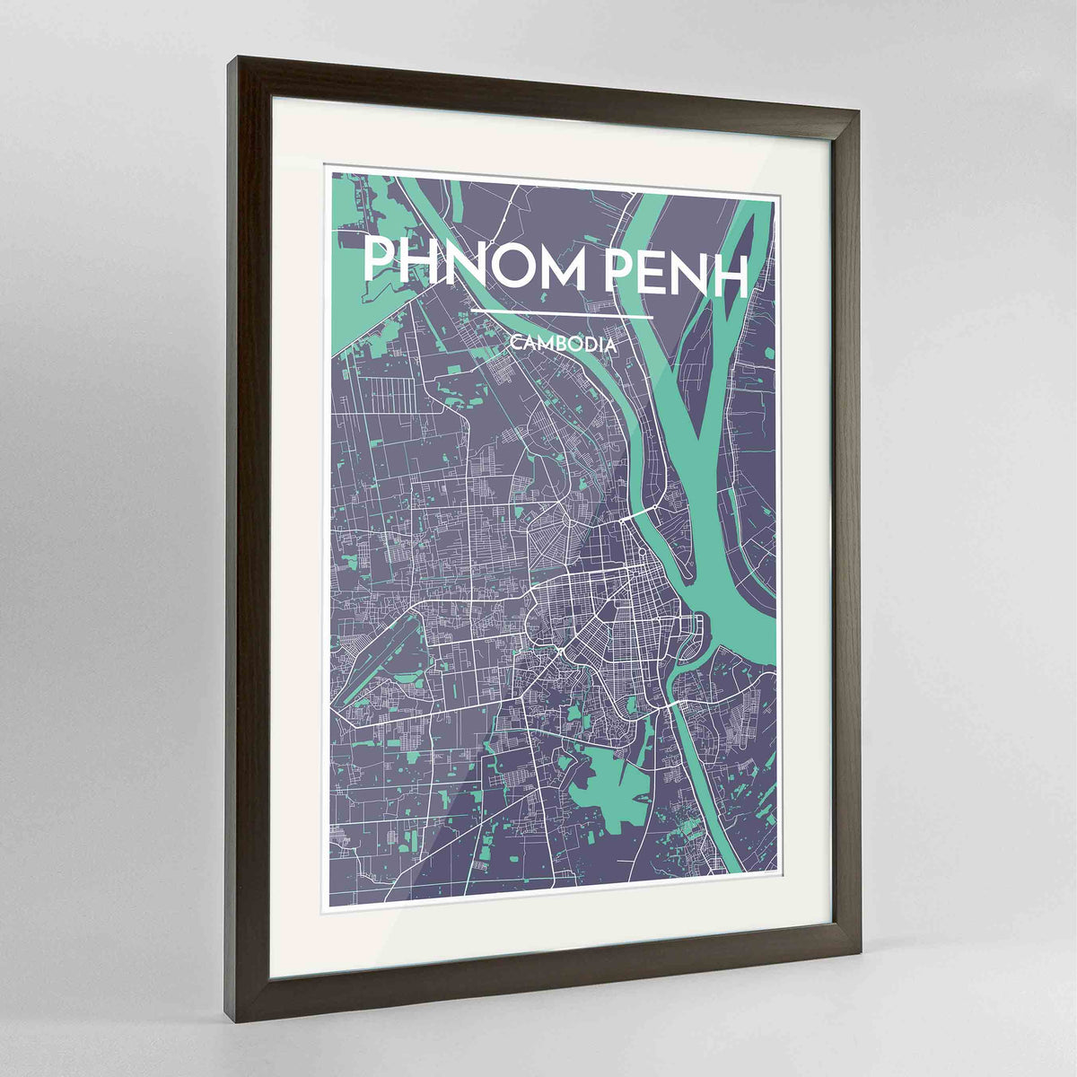 Framed Phnom Penh Map Art Print 24x36&quot; Contemporary Walnut frame Point Two Design Group