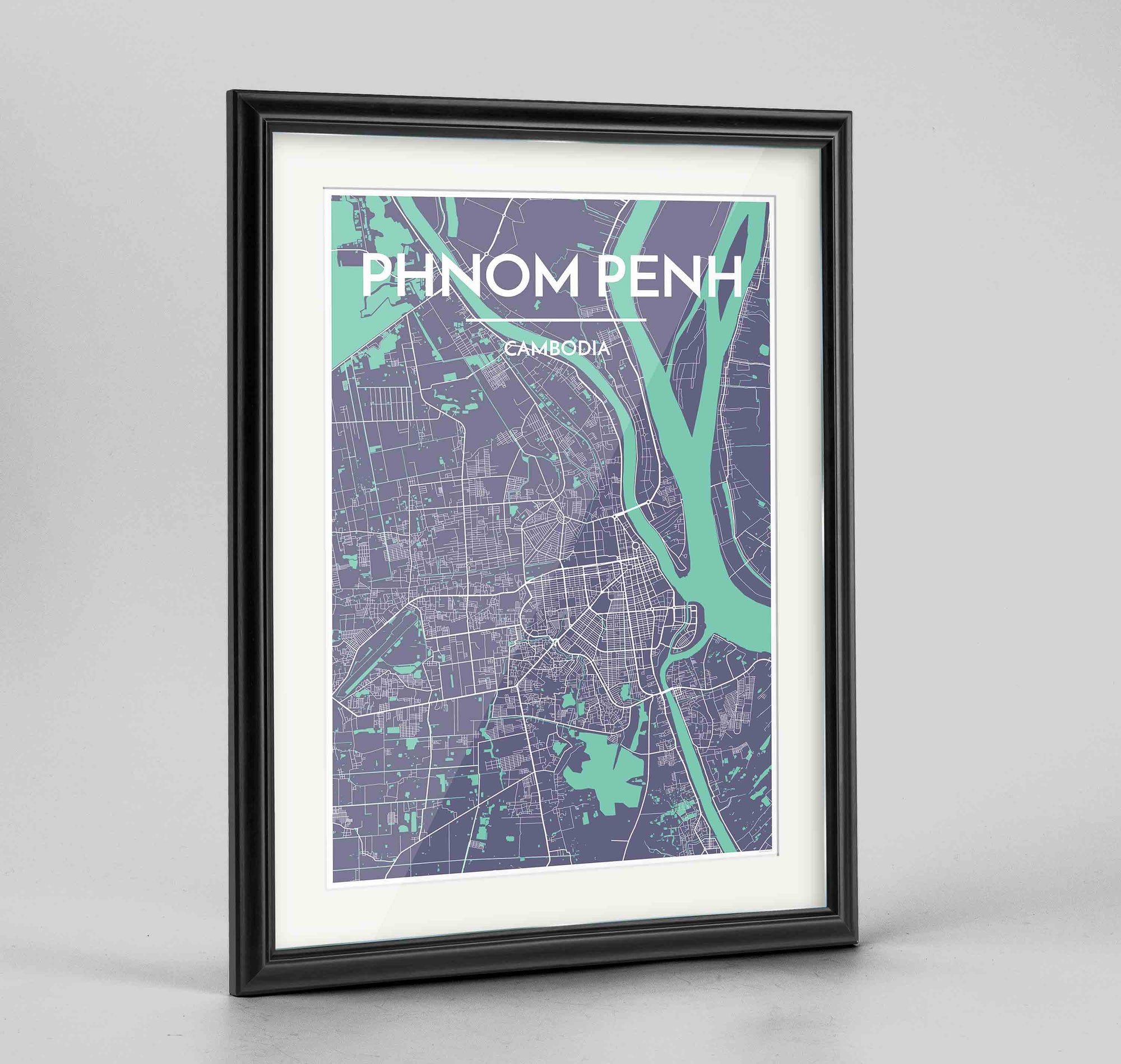 Framed Phnom Penh Map Art Print 24x36" Traditional Black frame Point Two Design Group