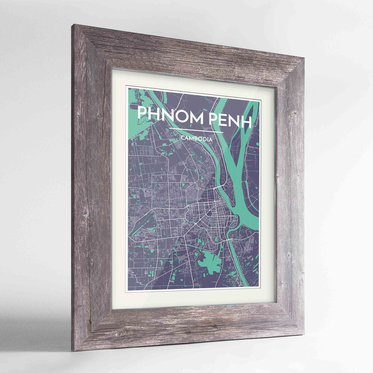 Framed Phnom Penh Map Art Print 24x36&quot; Western Grey frame Point Two Design Group