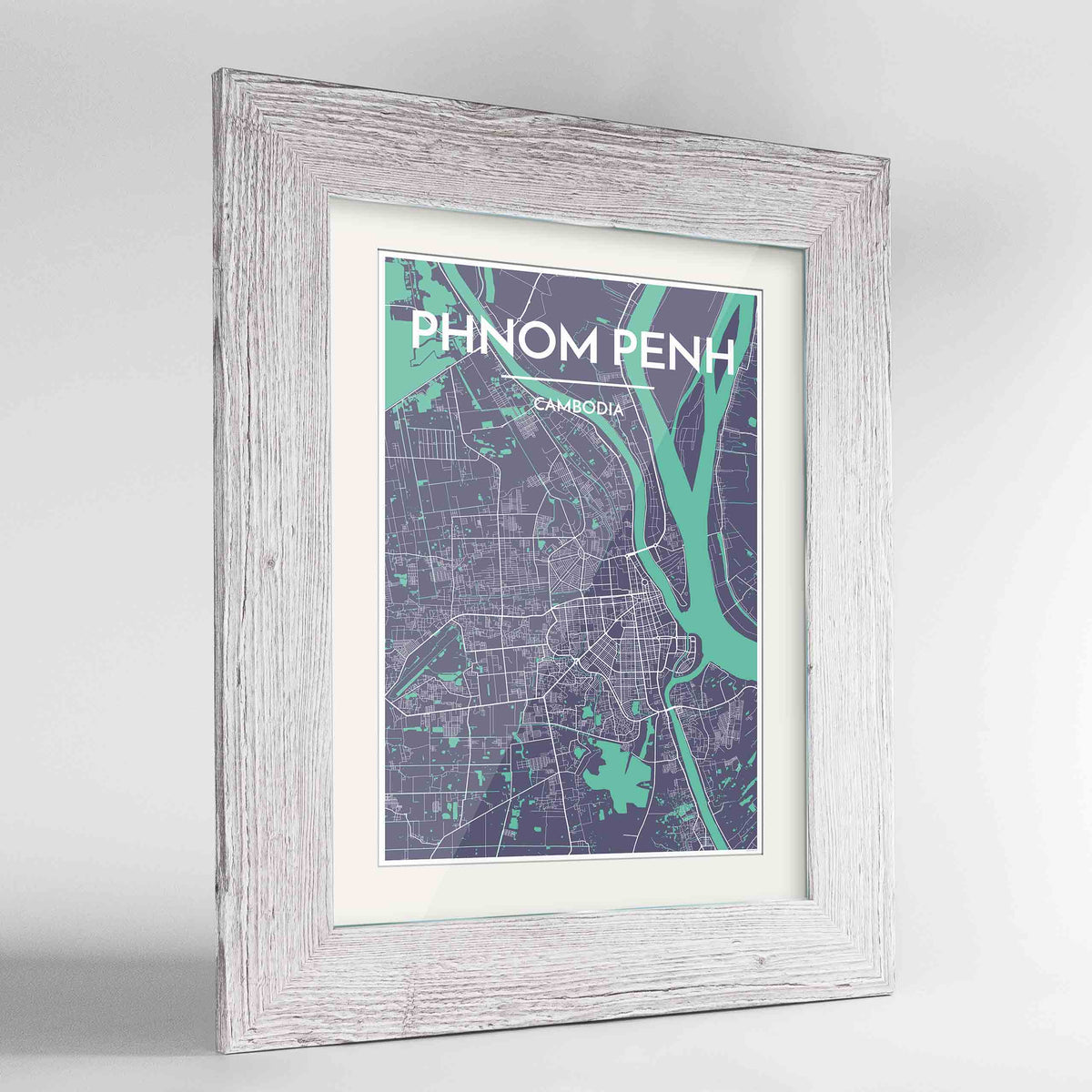 Framed Phnom Penh Map Art Print 24x36&quot; Western White frame Point Two Design Group