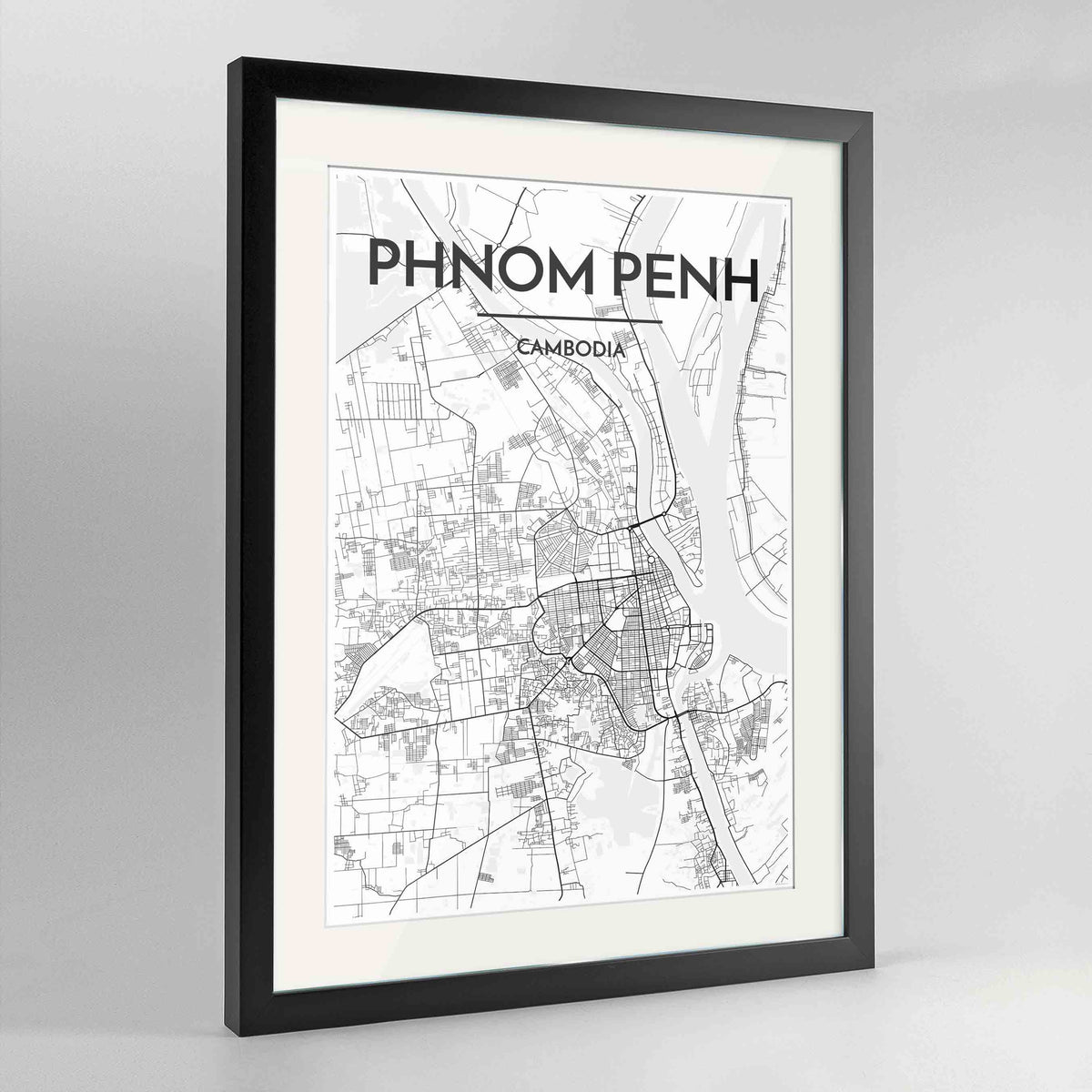 Framed Phnom Penh Map Art Print 24x36&quot; Contemporary Black frame Point Two Design Group