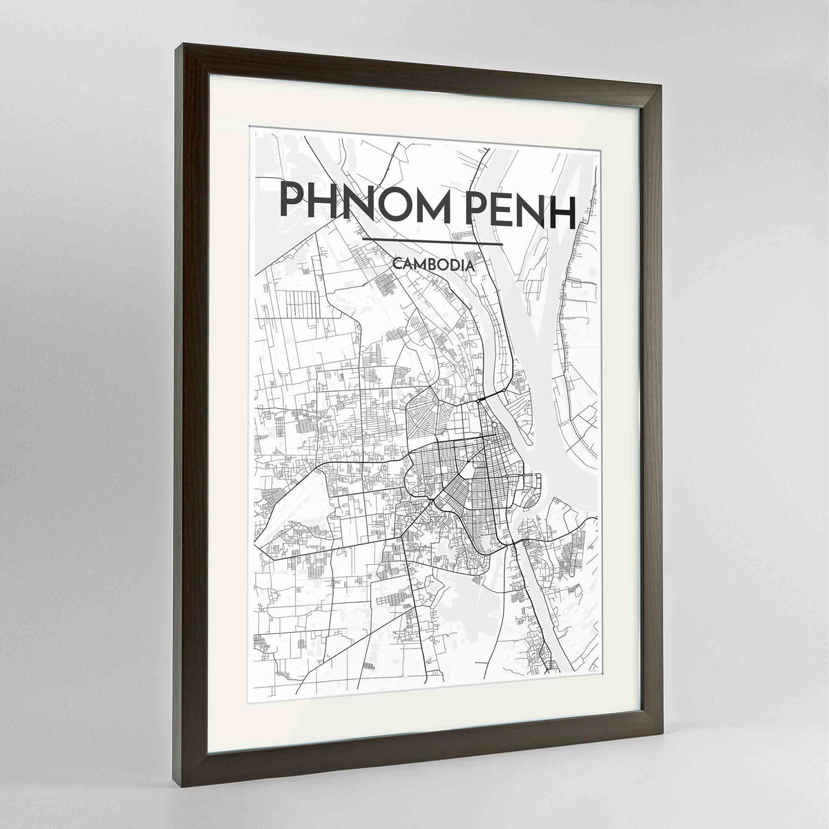 Framed Phnom Penh Map Art Print 24x36&quot; Contemporary Walnut frame Point Two Design Group