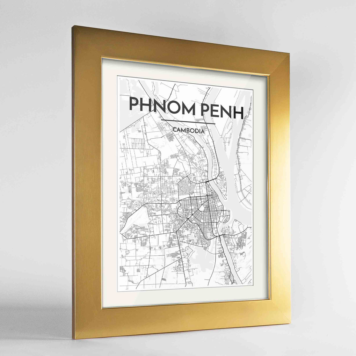 Framed Phnom Penh Map Art Print 24x36&quot; Gold frame Point Two Design Group