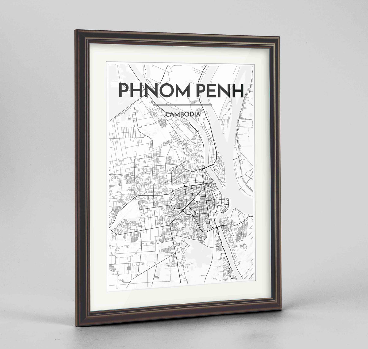 Framed Phnom Penh Map Art Print 24x36&quot; Traditional Walnut frame Point Two Design Group