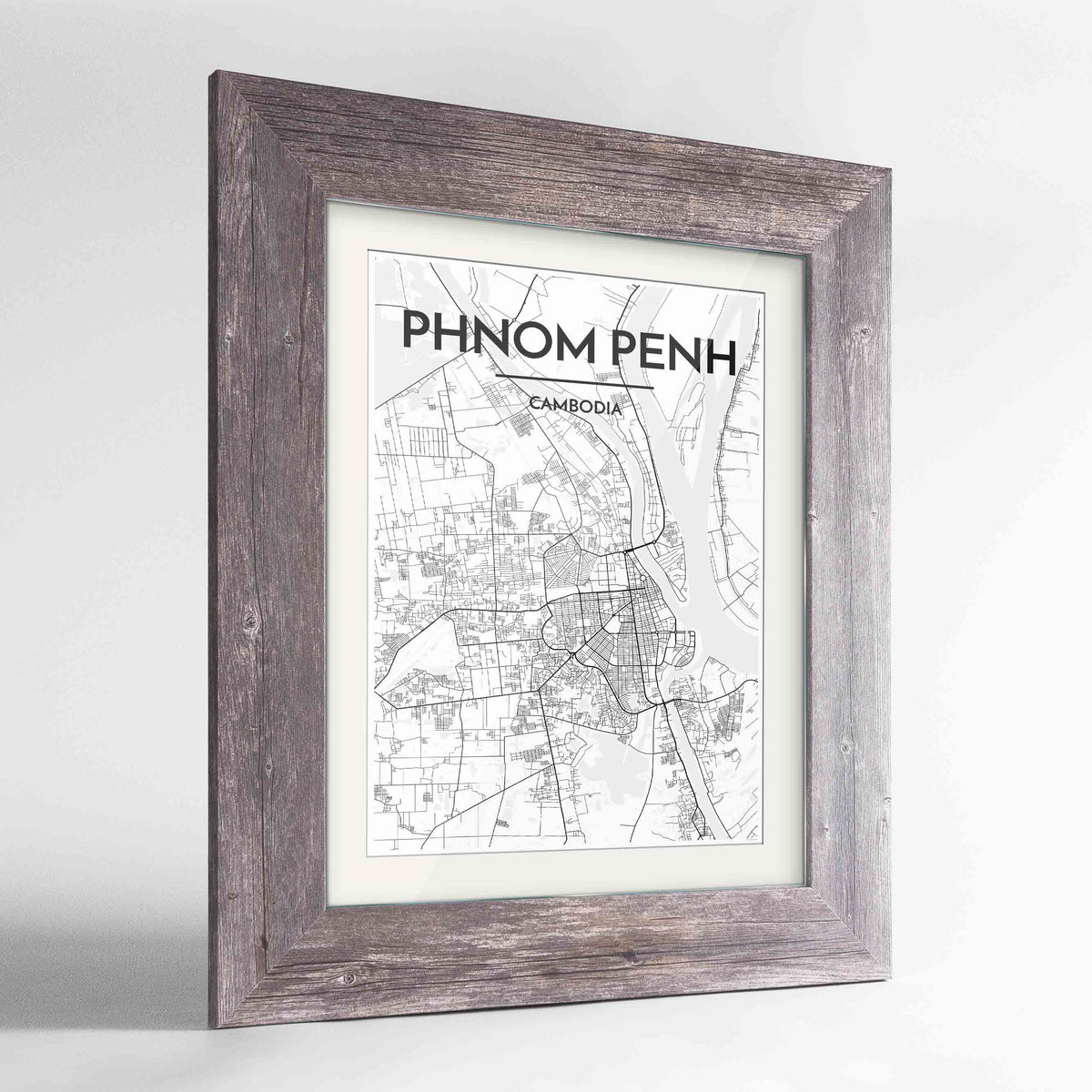 Framed Phnom Penh Map Art Print 24x36&quot; Western Grey frame Point Two Design Group
