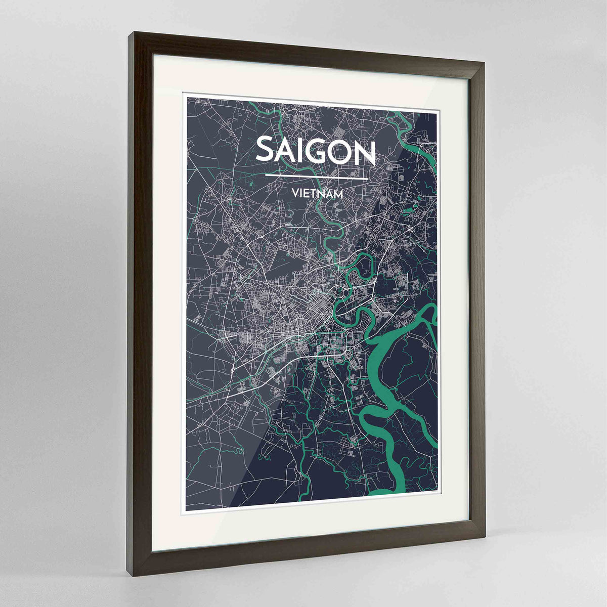 Framed Saigon Map Art Print 24x36&quot; Contemporary Walnut frame Point Two Design Group
