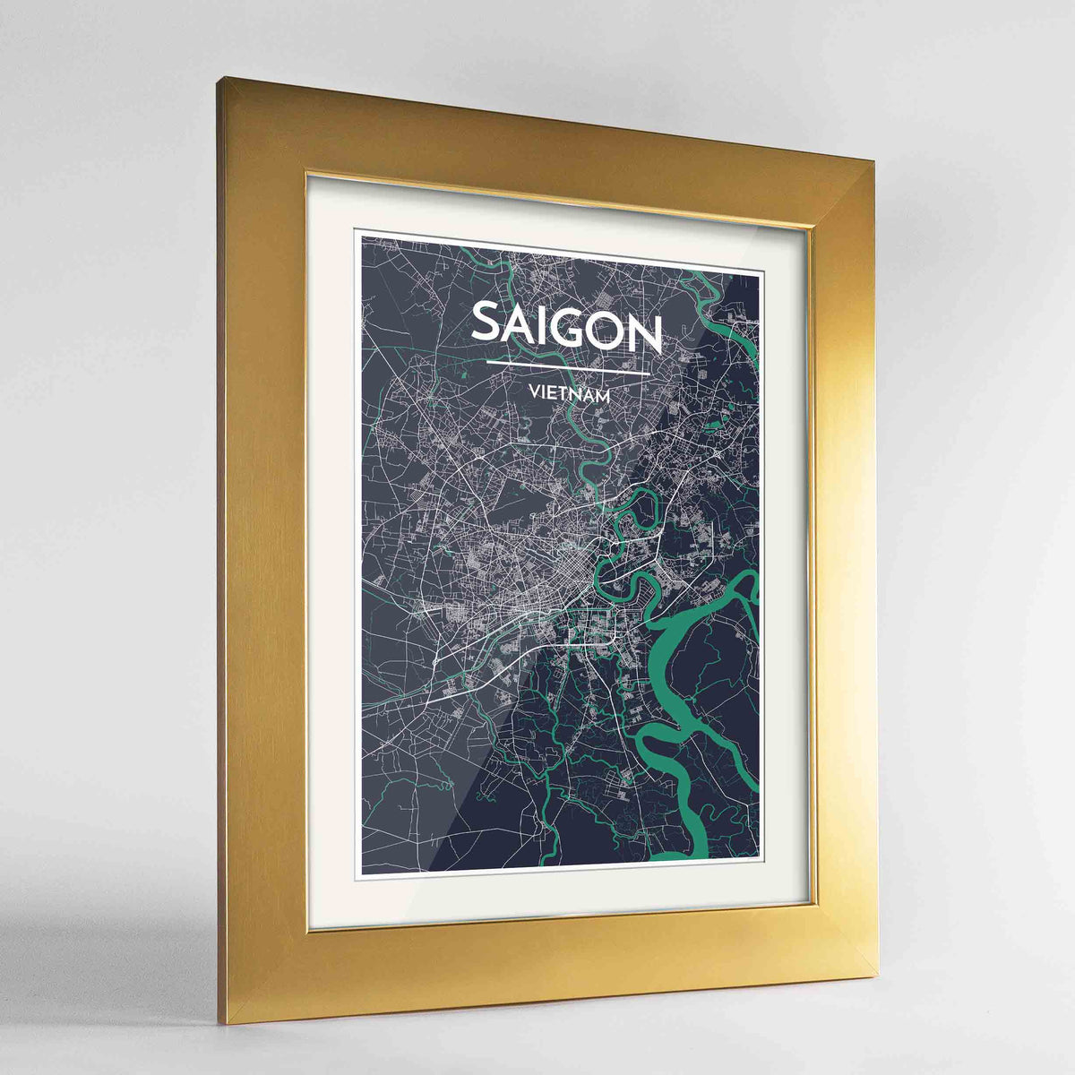 Framed Saigon Map Art Print 24x36&quot; Gold frame Point Two Design Group