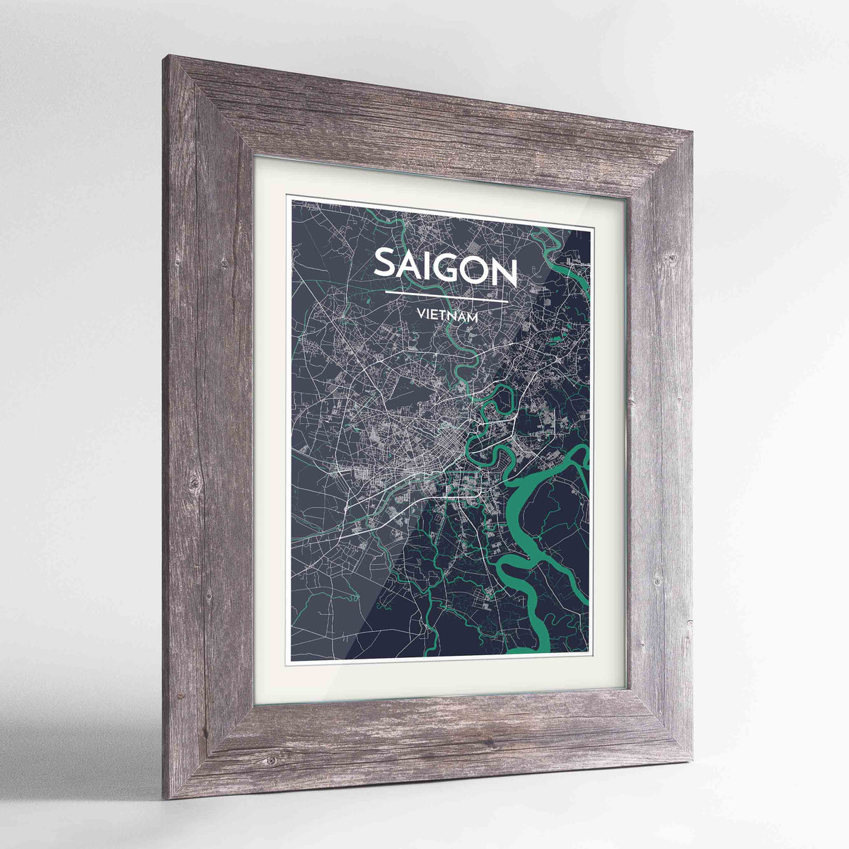 Framed Saigon Map Art Print 24x36&quot; Western Grey frame Point Two Design Group