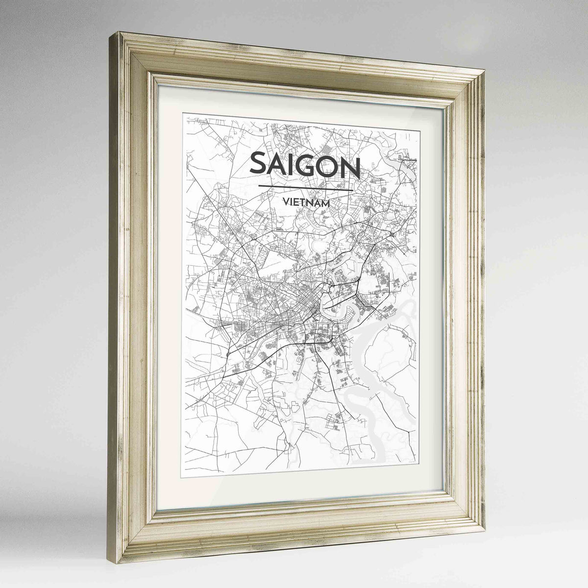 Framed Saigon Map Art Print 24x36&quot; Champagne frame Point Two Design Group