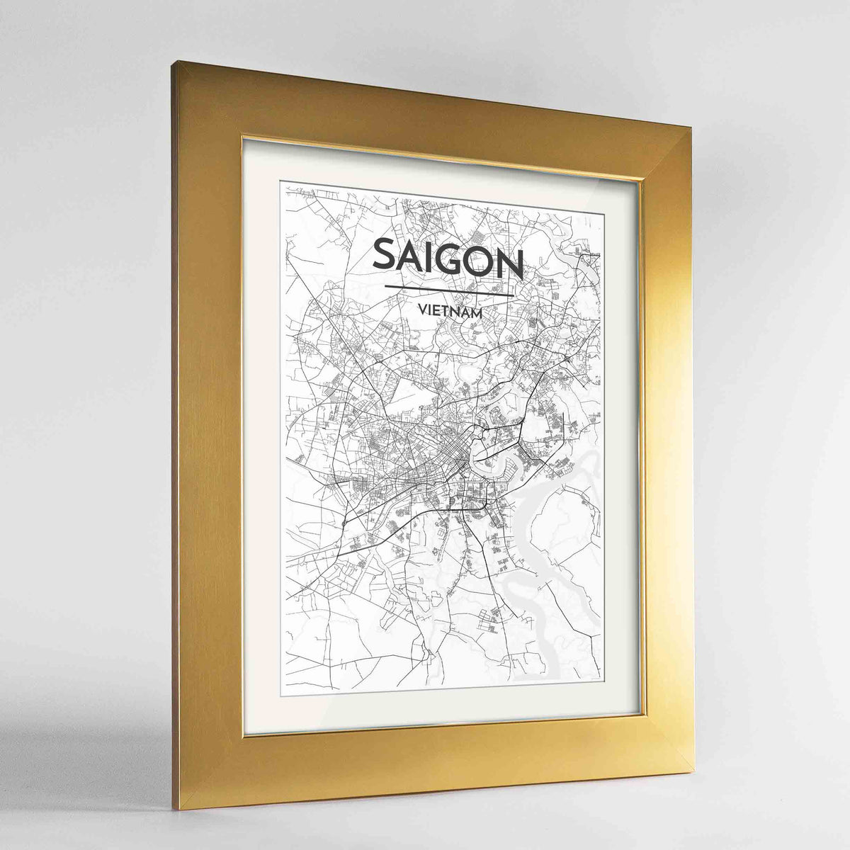 Framed Saigon Map Art Print 24x36&quot; Gold frame Point Two Design Group