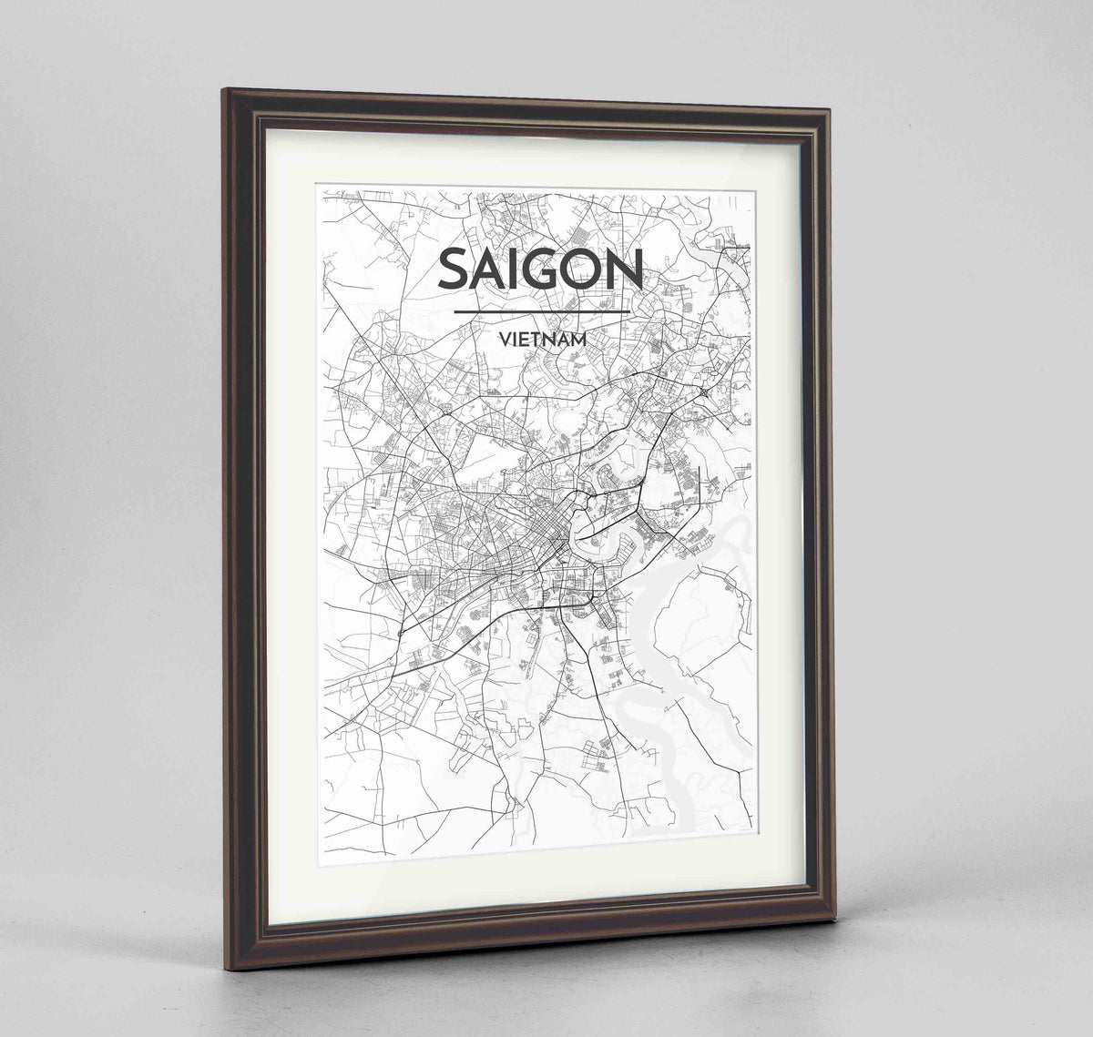 Framed Saigon Map Art Print 24x36&quot; Traditional Walnut frame Point Two Design Group
