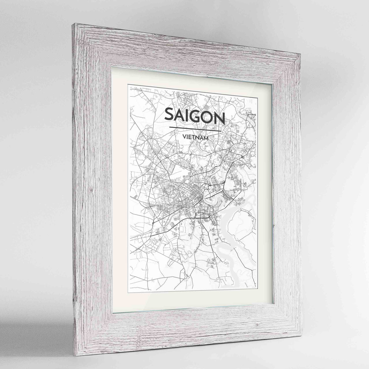 Framed Saigon Map Art Print 24x36&quot; Western White frame Point Two Design Group
