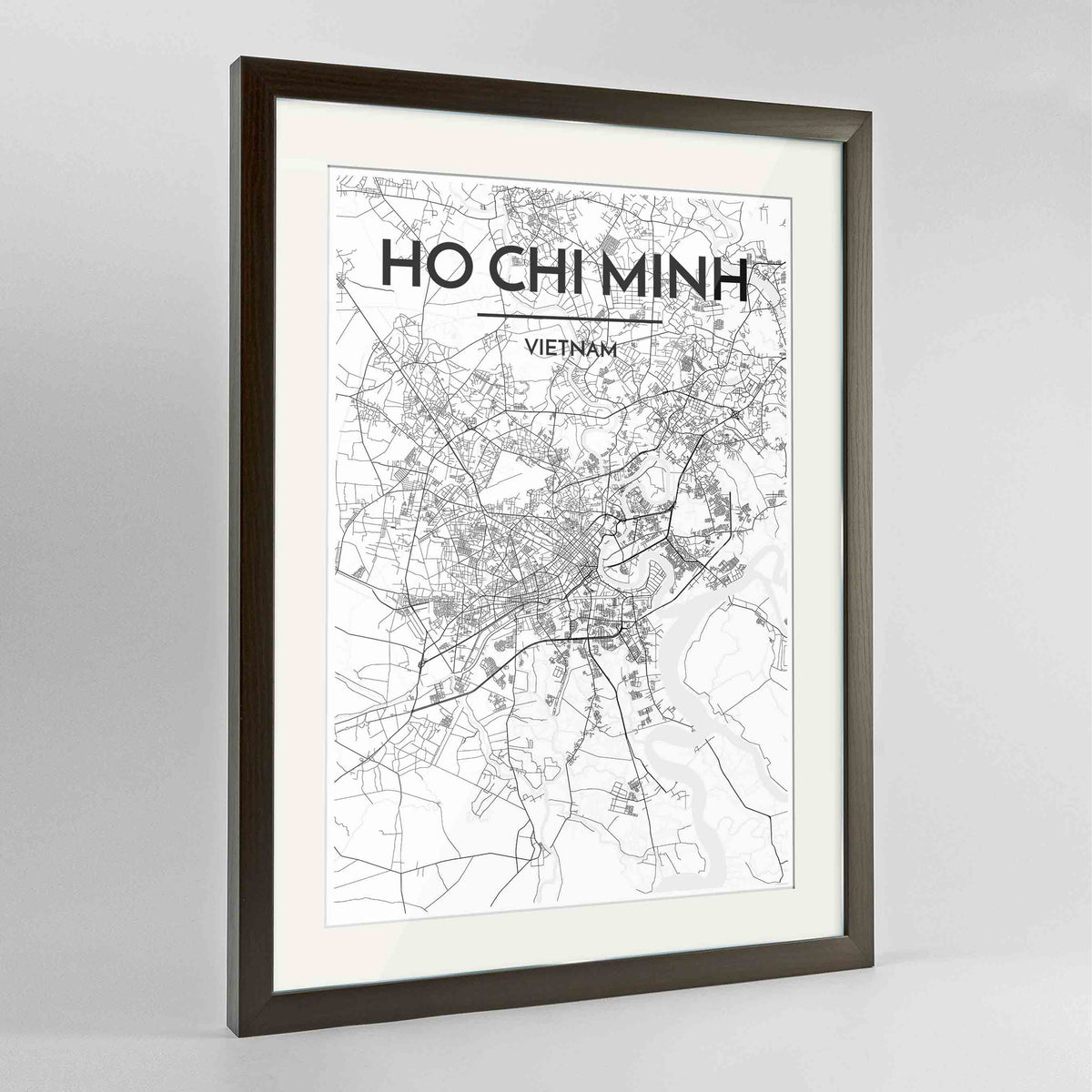 Framed Ho Chi Minh Map Art Print 24x36&quot; Contemporary Walnut frame Point Two Design Group