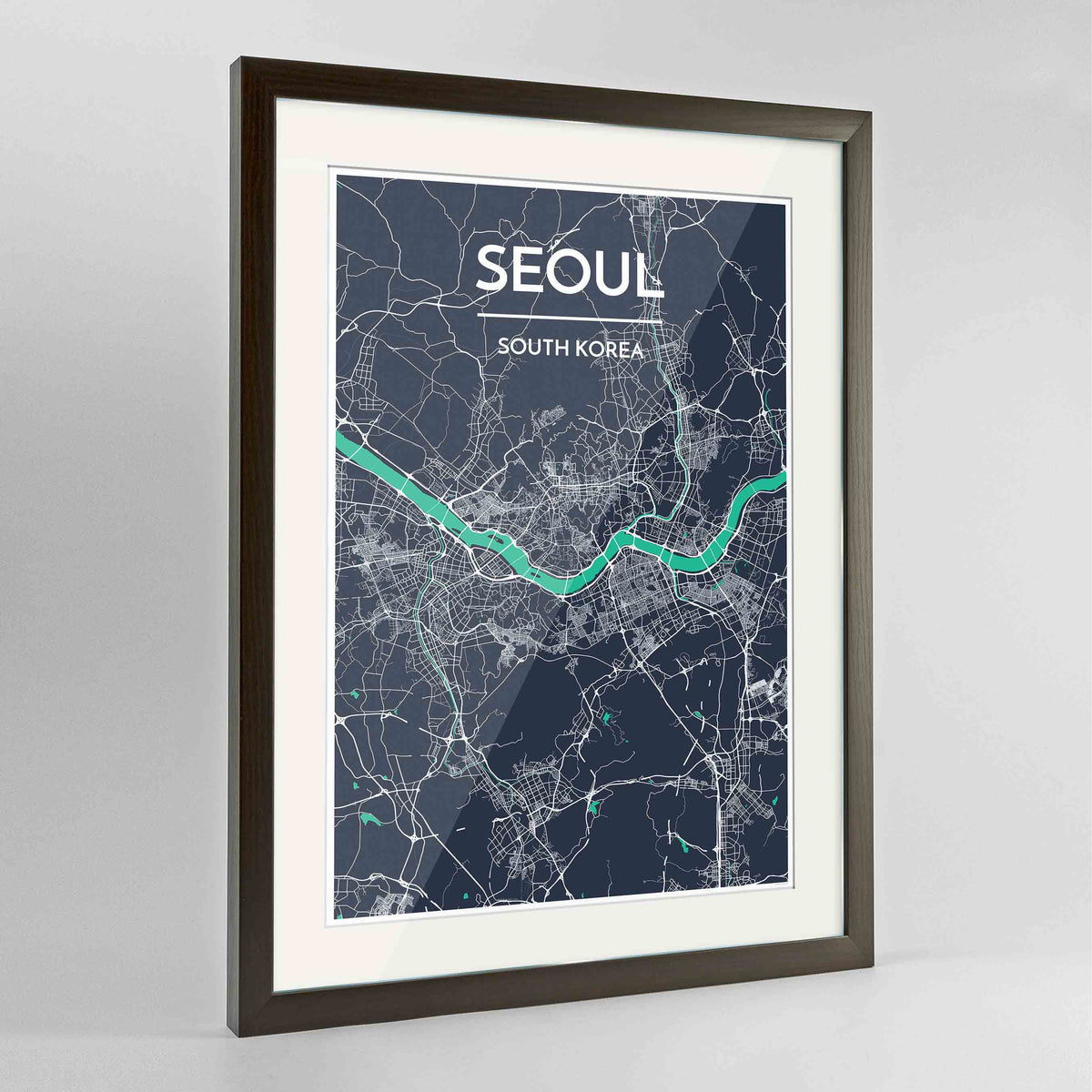 Framed Seoul Map Art Print 24x36&quot; Contemporary Walnut frame Point Two Design Group