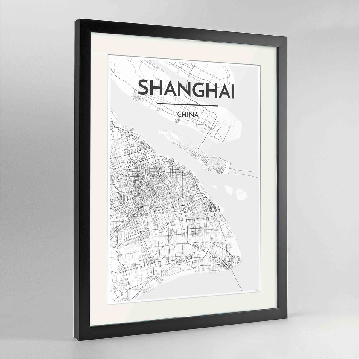 Framed Shanghai Map Art Print 24x36&quot; Contemporary Black frame Point Two Design Group