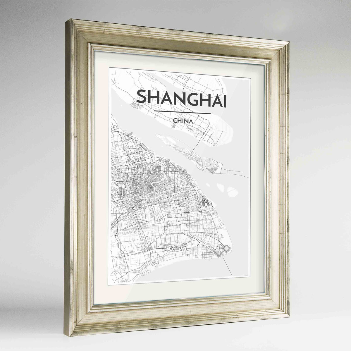 Framed Shanghai Map Art Print 24x36&quot; Champagne frame Point Two Design Group