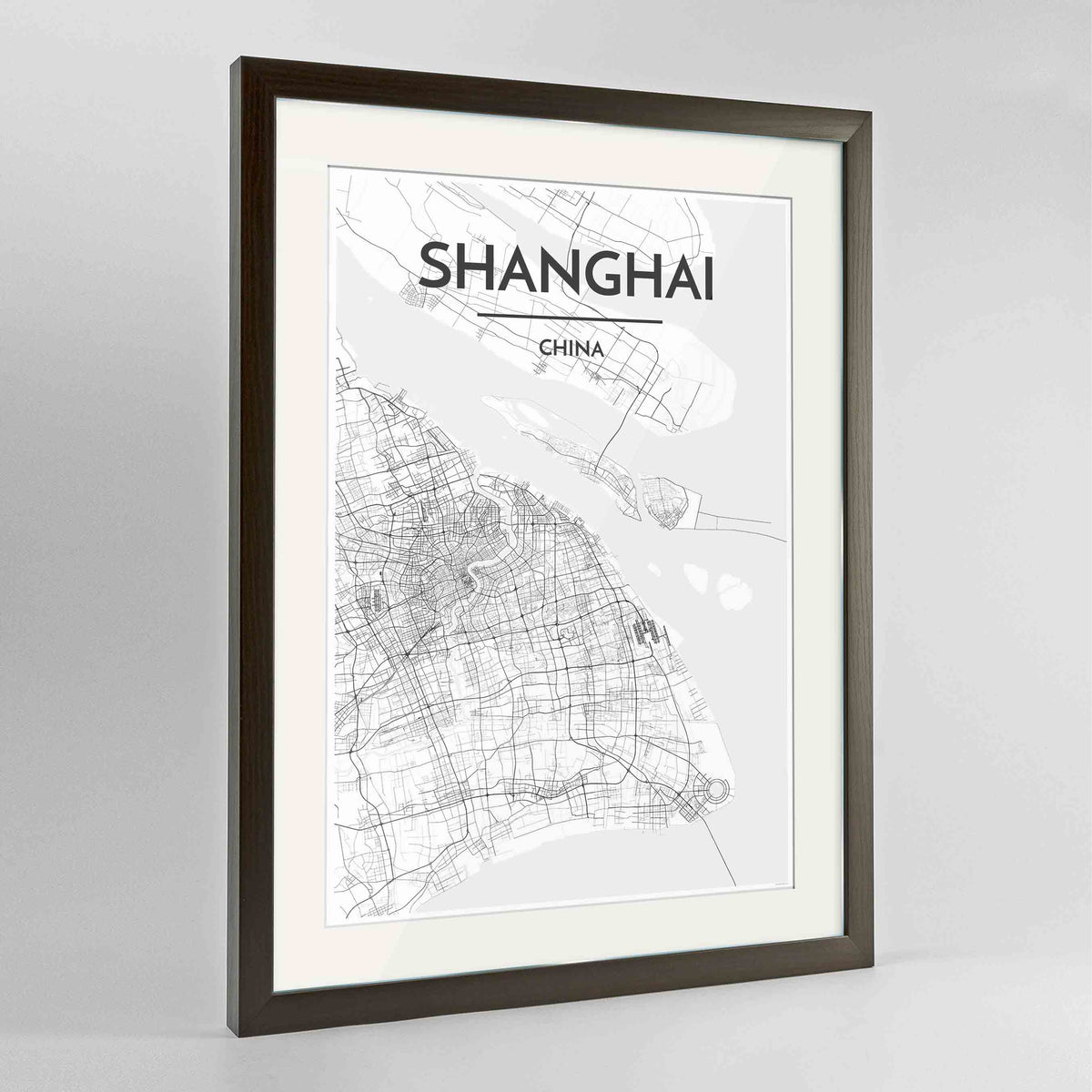 Framed Shanghai Map Art Print 24x36&quot; Contemporary Walnut frame Point Two Design Group