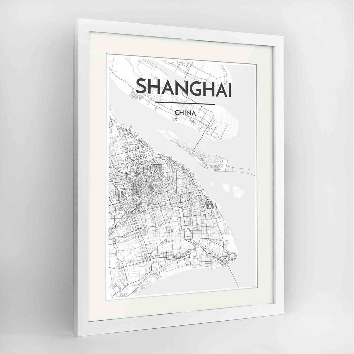 Framed Shanghai Map Art Print 24x36&quot; Contemporary White frame Point Two Design Group