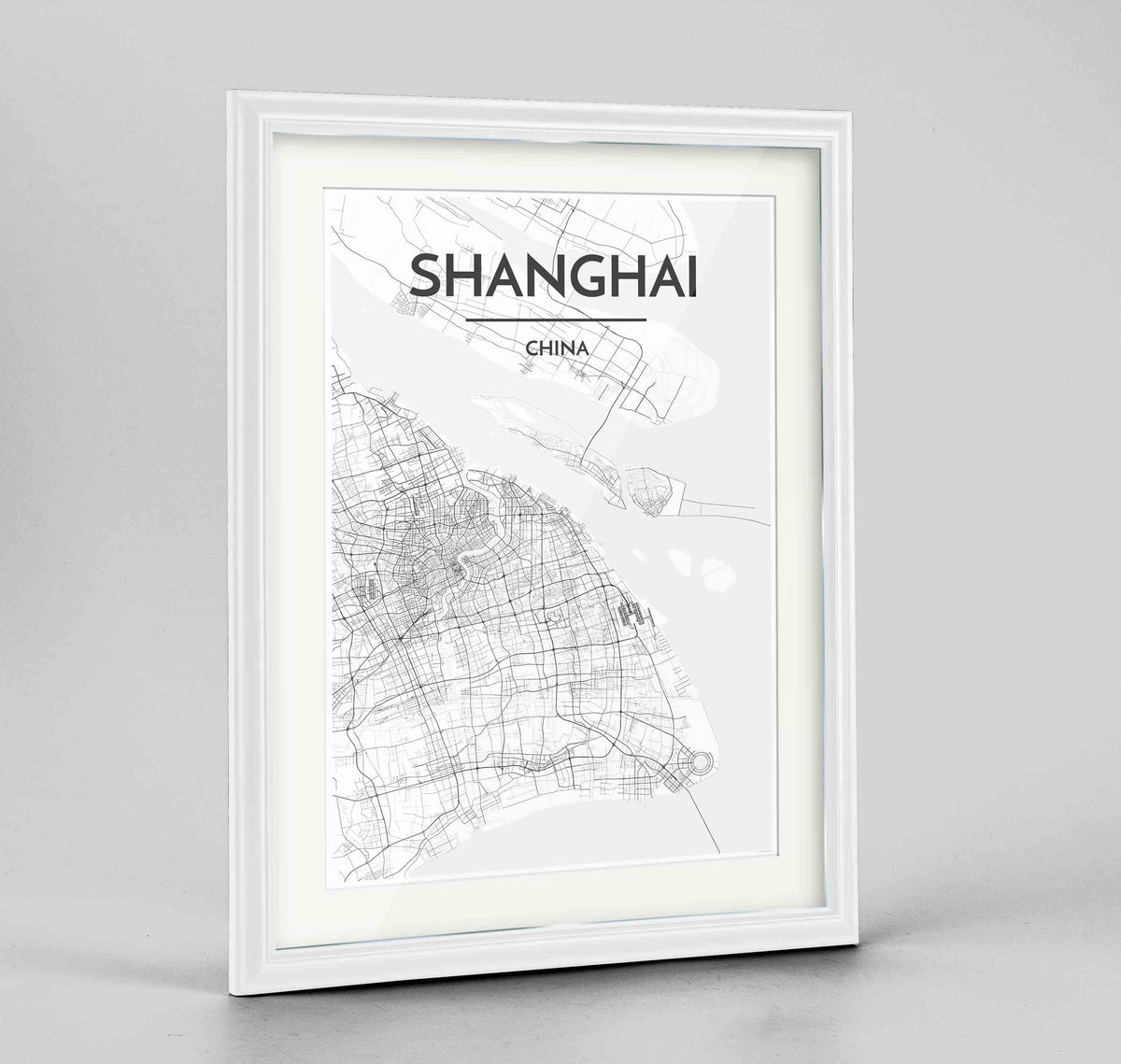 Framed Shanghai Map Art Print 24x36&quot; Traditional White frame Point Two Design Group