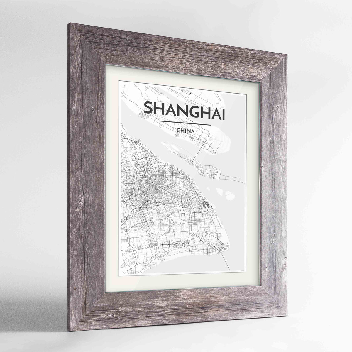 Framed Shanghai Map Art Print 24x36&quot; Western Grey frame Point Two Design Group