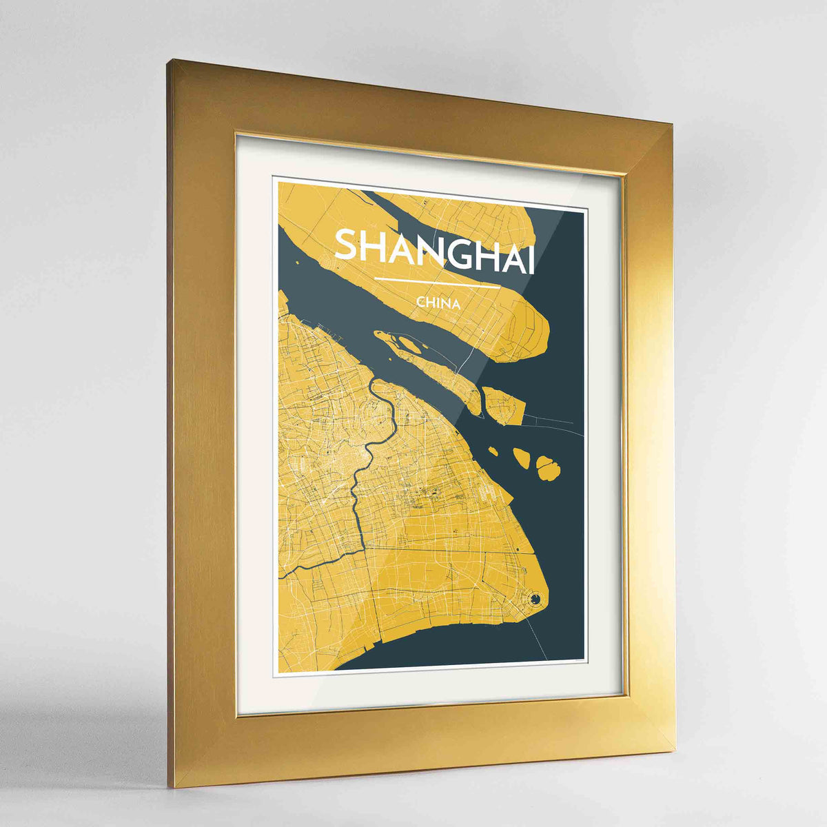 Framed Shanghai Map Art Print 24x36&quot; Gold frame Point Two Design Group