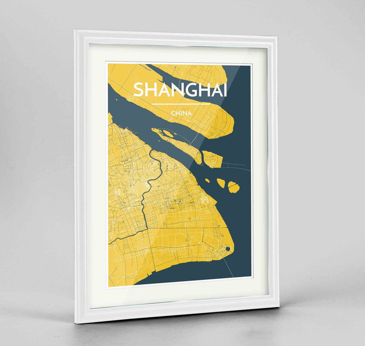 Framed Shanghai Map Art Print 24x36&quot; Traditional White frame Point Two Design Group