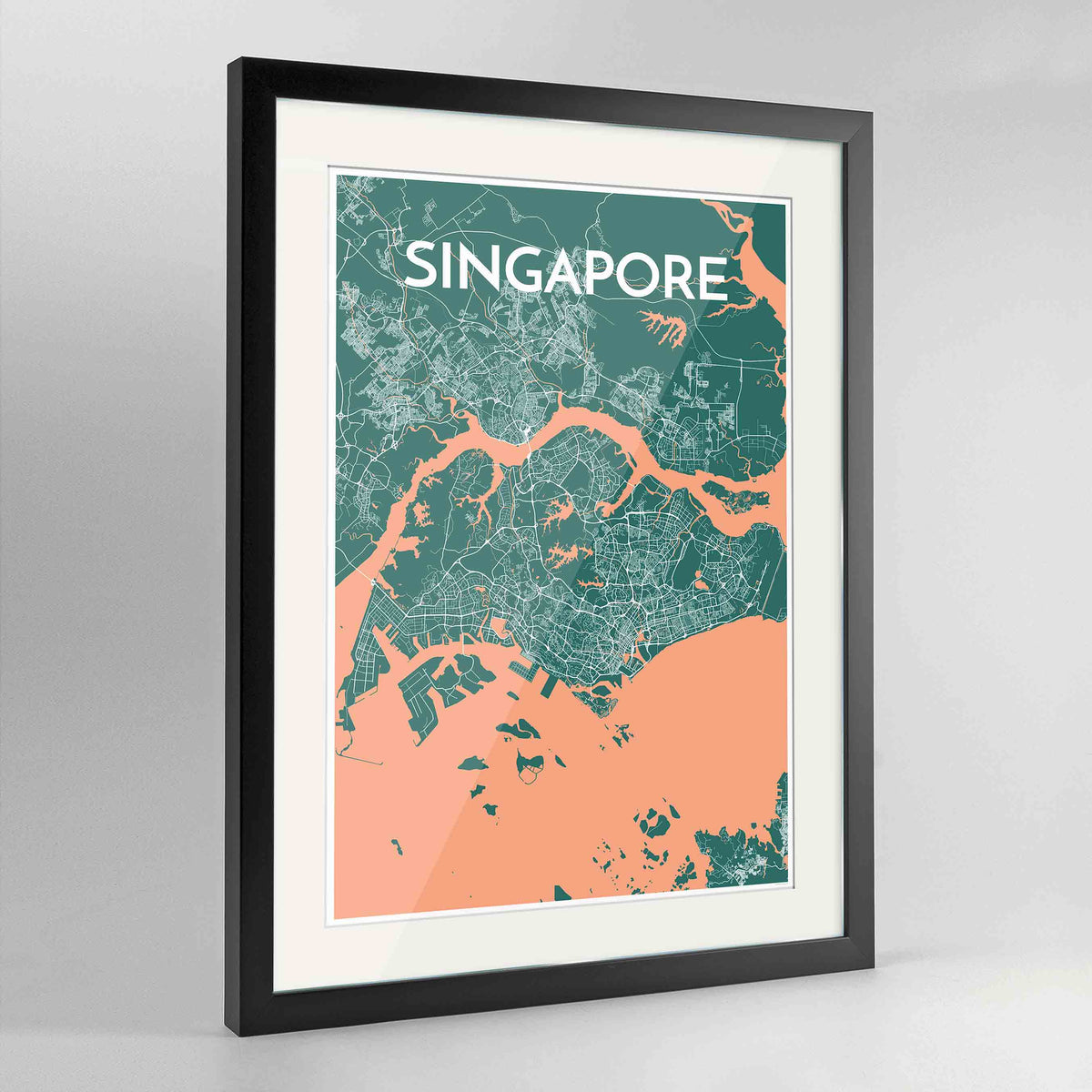 Framed Singapore Map Art Print 24x36&quot; Contemporary Black frame Point Two Design Group