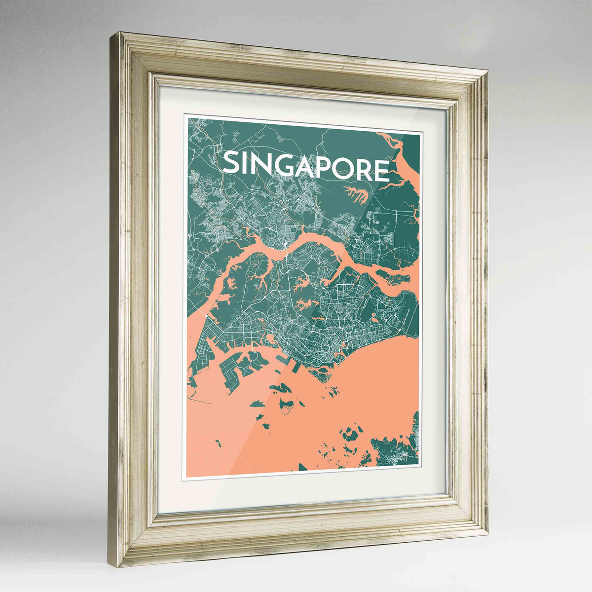 Framed Singapore Map Art Print 24x36&quot; Champagne frame Point Two Design Group