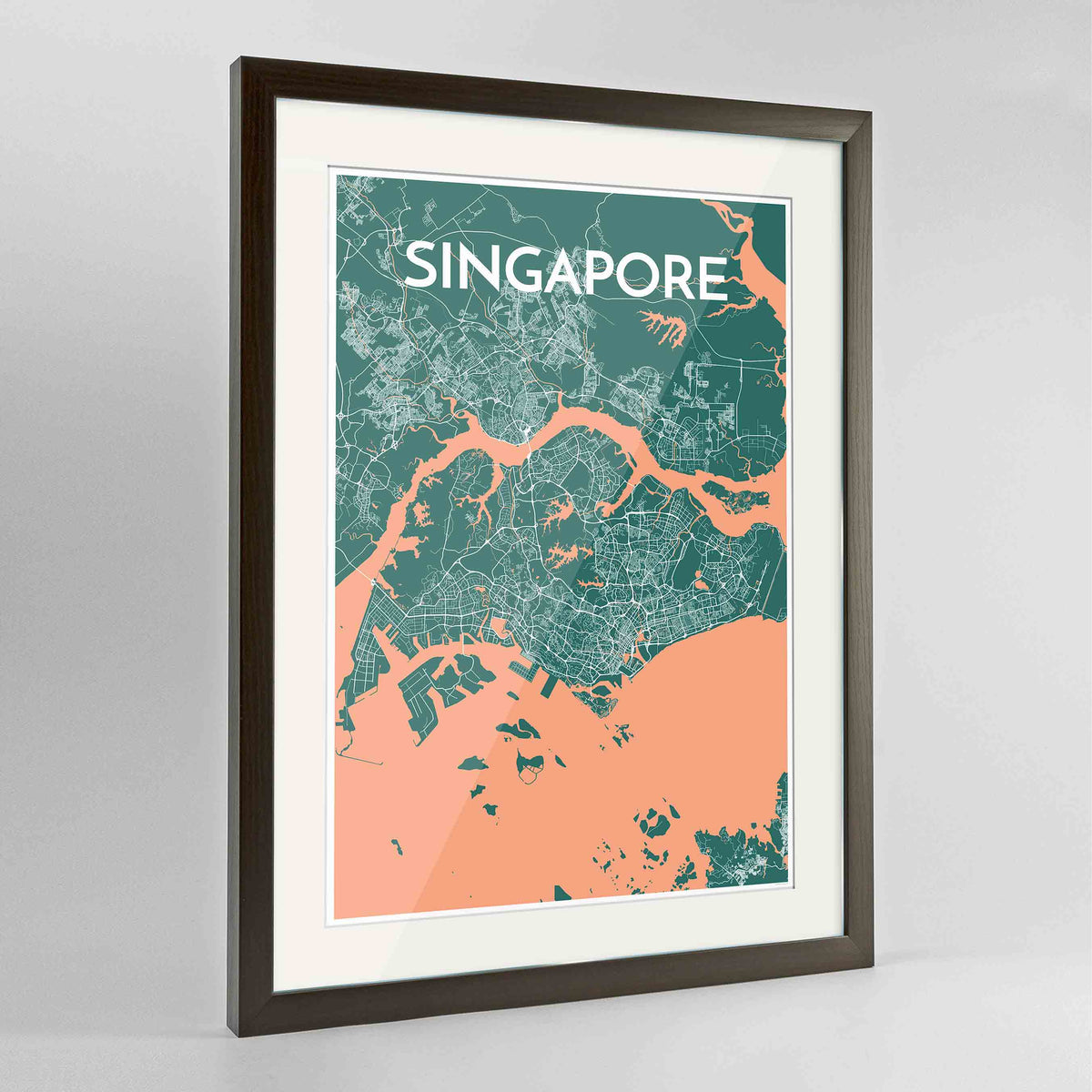 Framed Singapore Map Art Print 24x36&quot; Contemporary Walnut frame Point Two Design Group