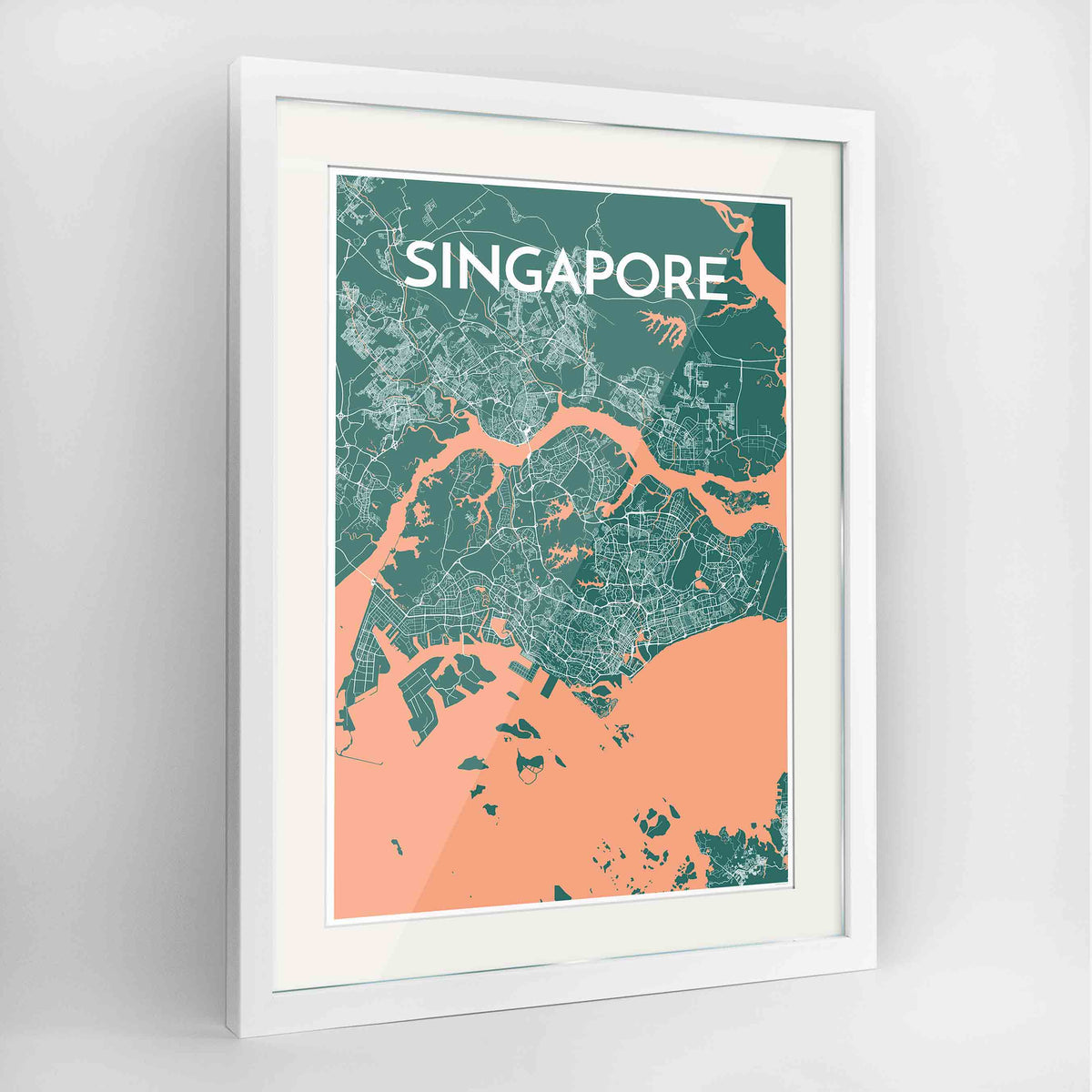 Framed Singapore Map Art Print 24x36&quot; Contemporary White frame Point Two Design Group