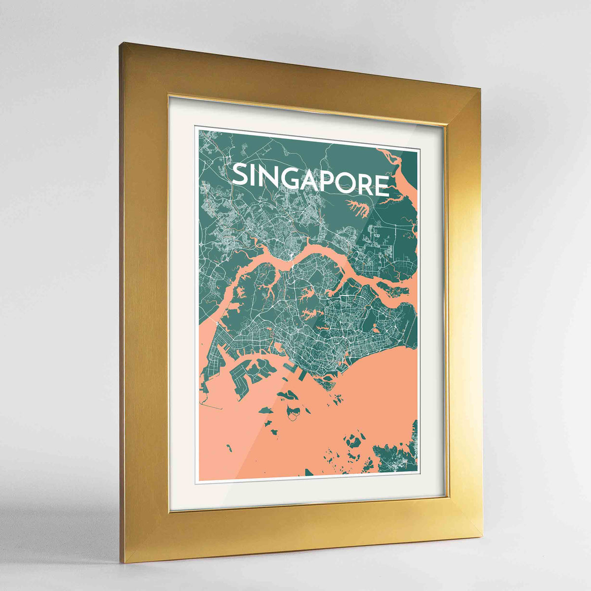Framed Singapore Map Art Print 24x36&quot; Gold frame Point Two Design Group