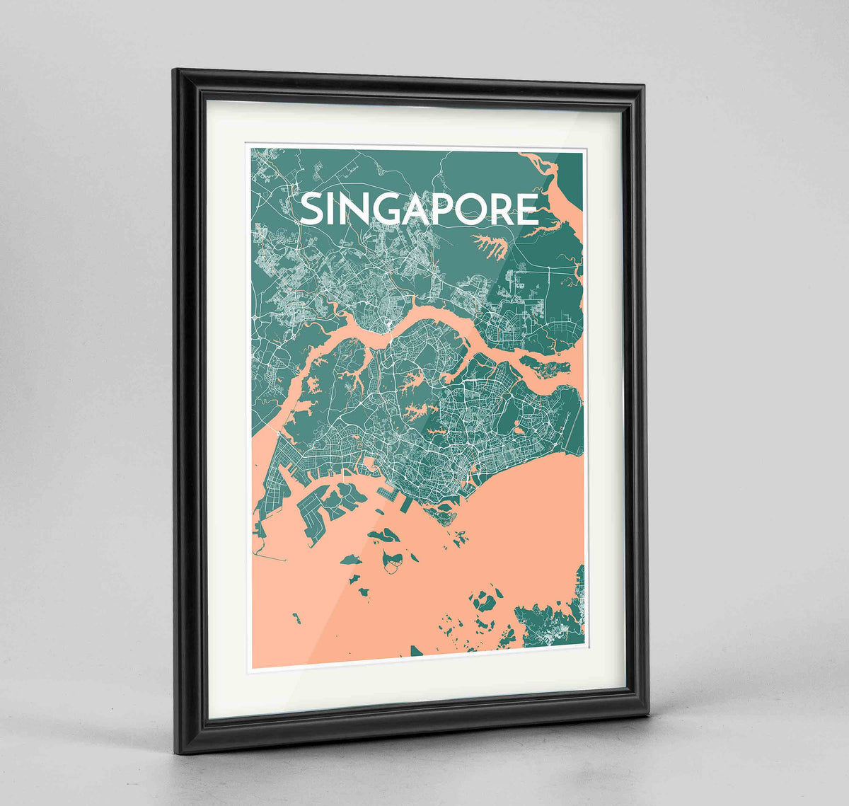 Framed Singapore Map Art Print 24x36&quot; Traditional Black frame Point Two Design Group